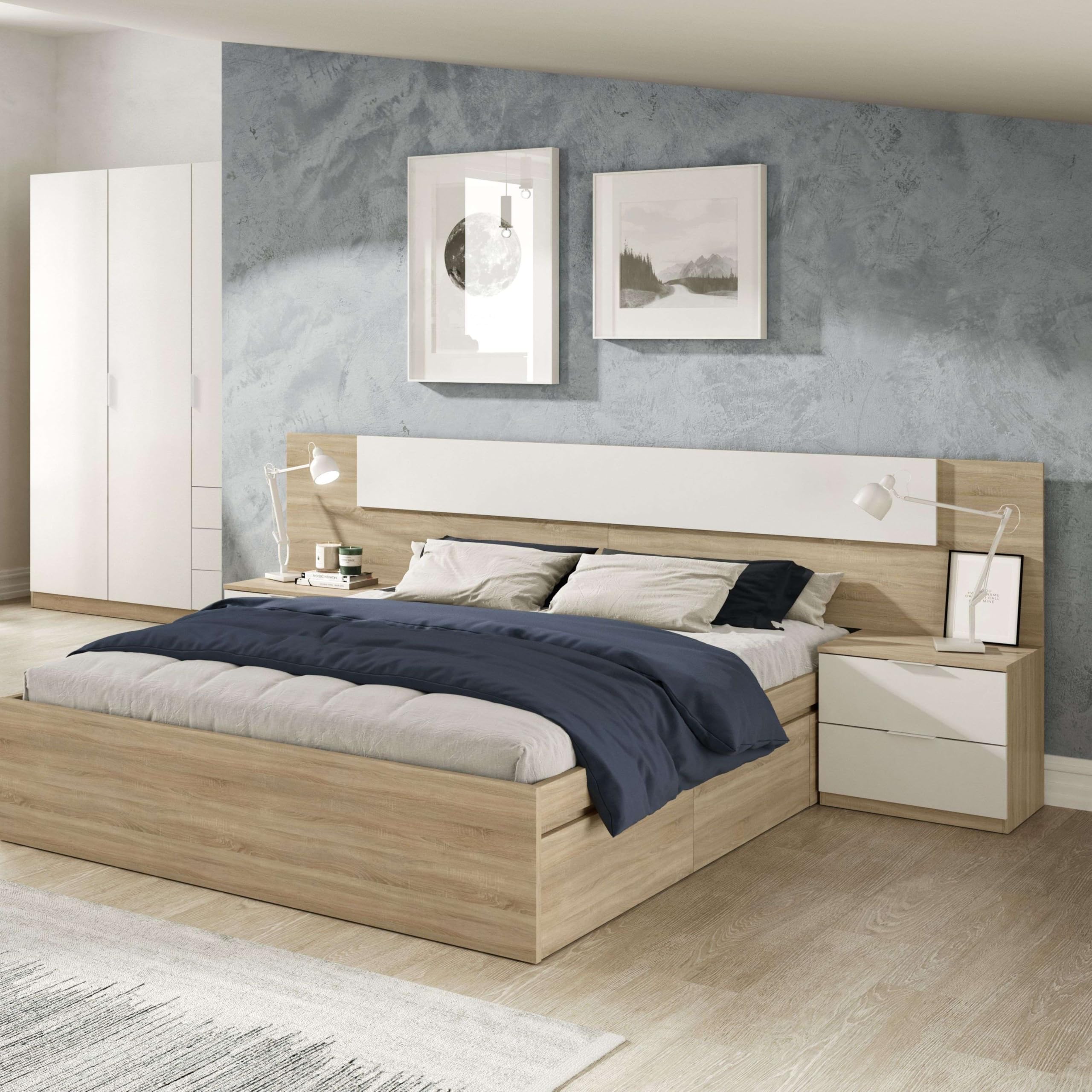 Habitdesign Cabezal + Dos Mesitas de Noche, Cabecero y Mesitas, Modelo Alaya, Acabado en Blanco Artik y Roble Canadian, Medidas: 247 cm (Ancho) x 50 cm (Alto) x 38 cm (Fondo)