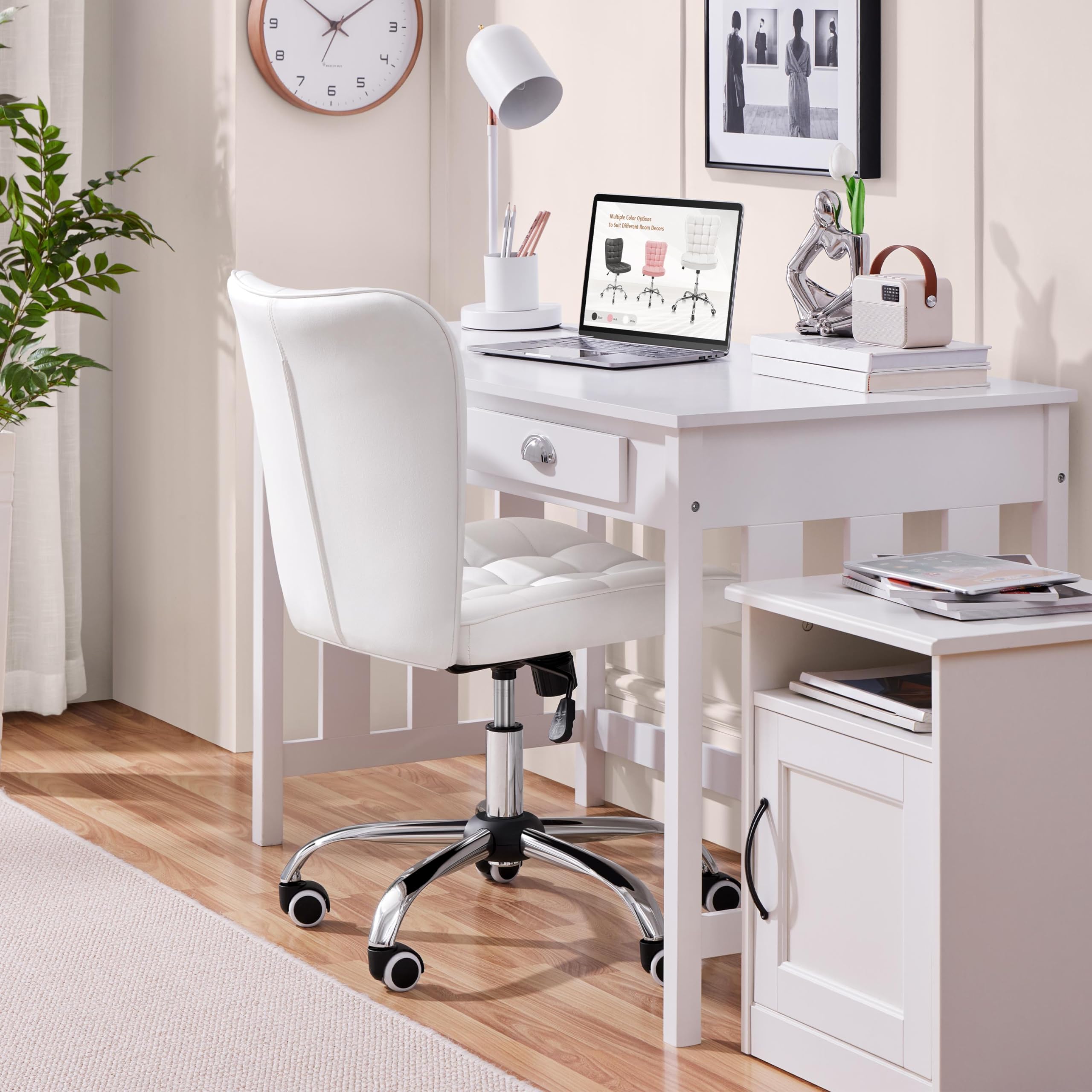 Yaheetech Sedia Ufficio Scrivania Cameretta in Finta Pelle con Braccioli | Altezza Regolabile, Funzione Dondolo, Girevole a 360°, Portata 136 KG, Bianco