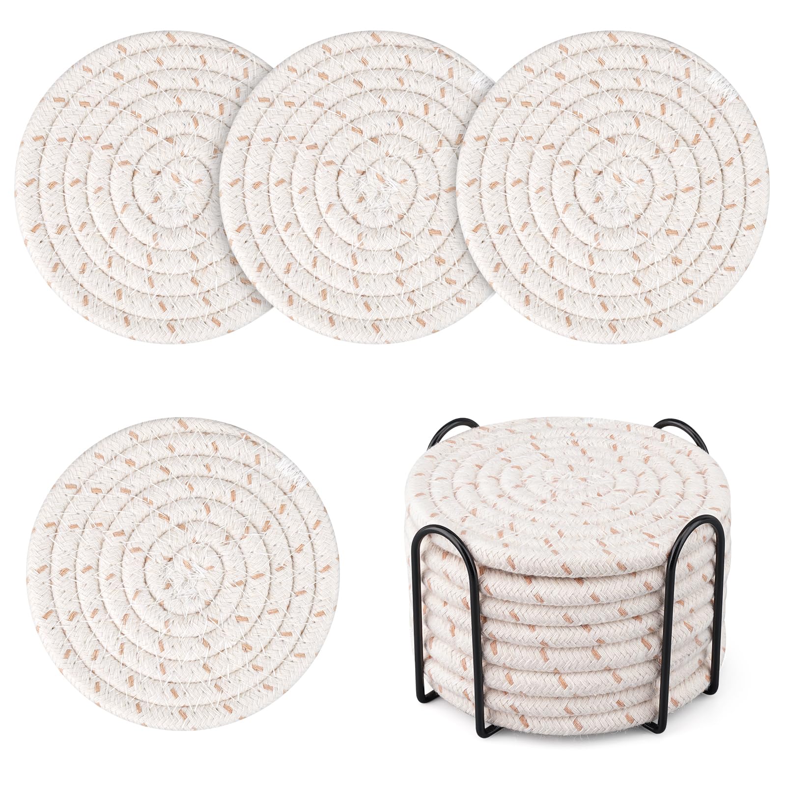 Drink Coasters with Holder, 4 Colors Absorbent Coasters, Cotton Woven Coasters Set of 8 for Table Protection Home Decor