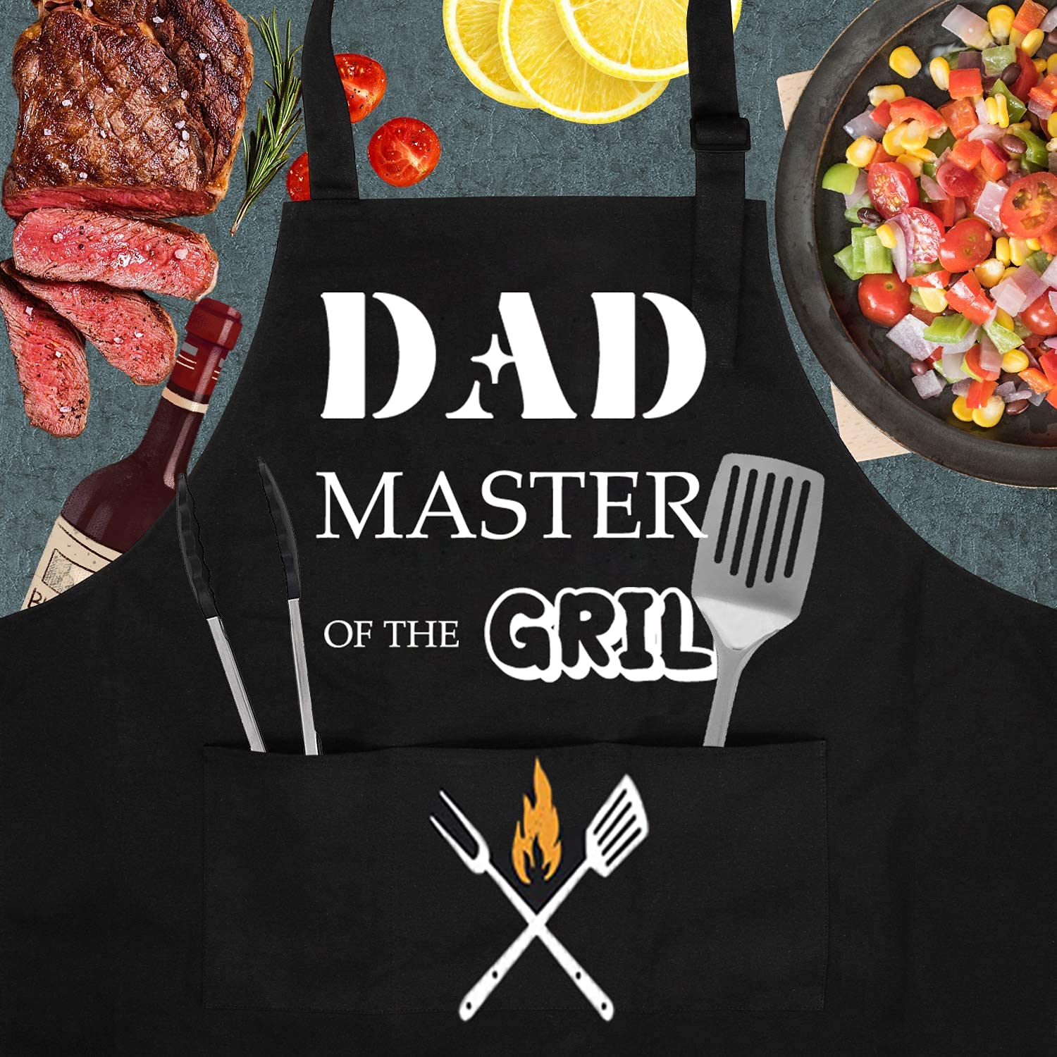 Tablier de Cuisine Homme, Tablier Barbecue de Papa, Noir Imperméable Tabliers avec 2 Poches, Chef Tabliers pour Barbecue Fête, Cadeaux pour Hommes Papa Mari Copain Grand-père