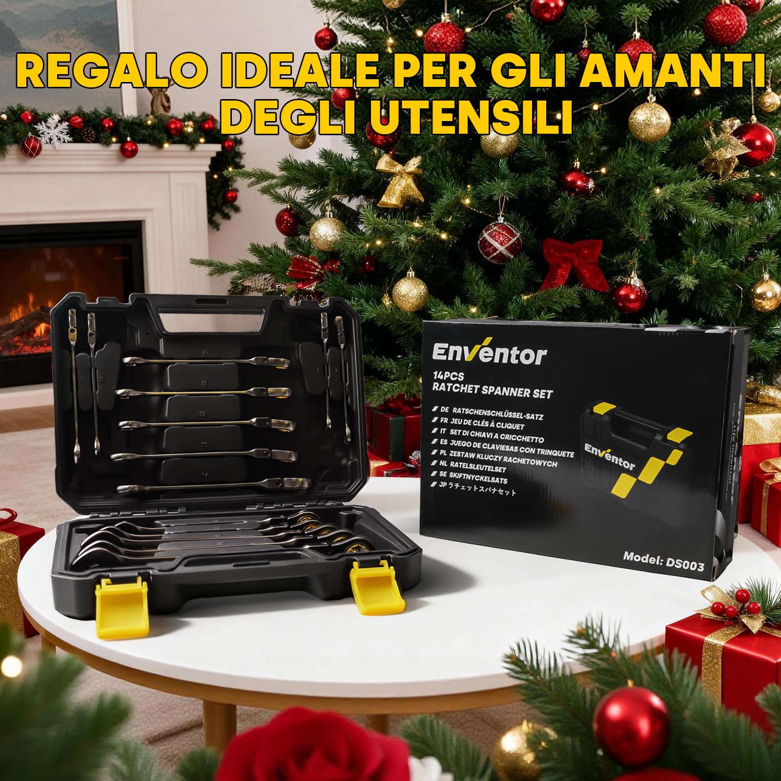 Enventor Set Chiavi a Cricchetto 14pcs, Flessibile Chiave a Cricchetto da Metrico 6mm-19mm, Acciaio al Cromo Vanadio, Nichelato Nero, 90T, Testa Rotante a 180°, Arco di Rotazione a 4°, Cassetta