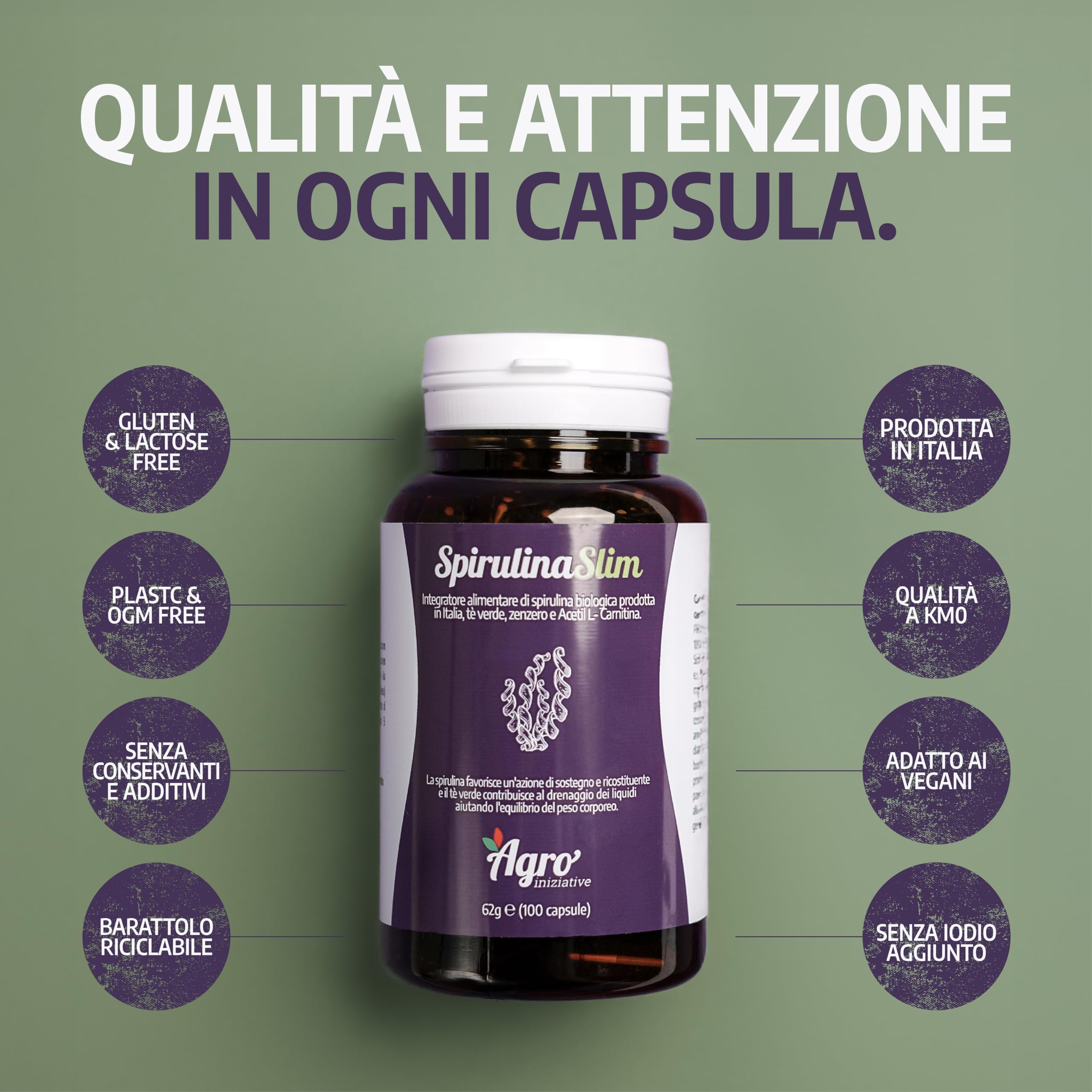 AGROINIZIATIVE SPIRULINA SLIM 100 Cps Alga Spirulina Biologica Drenante Efficace Senza Iodio E Caffeina Spirulina Detox Effetto Sazietà Con Zenzero Acetil L-Carnitina E Greenselect PRODOTTA IN ITALIA