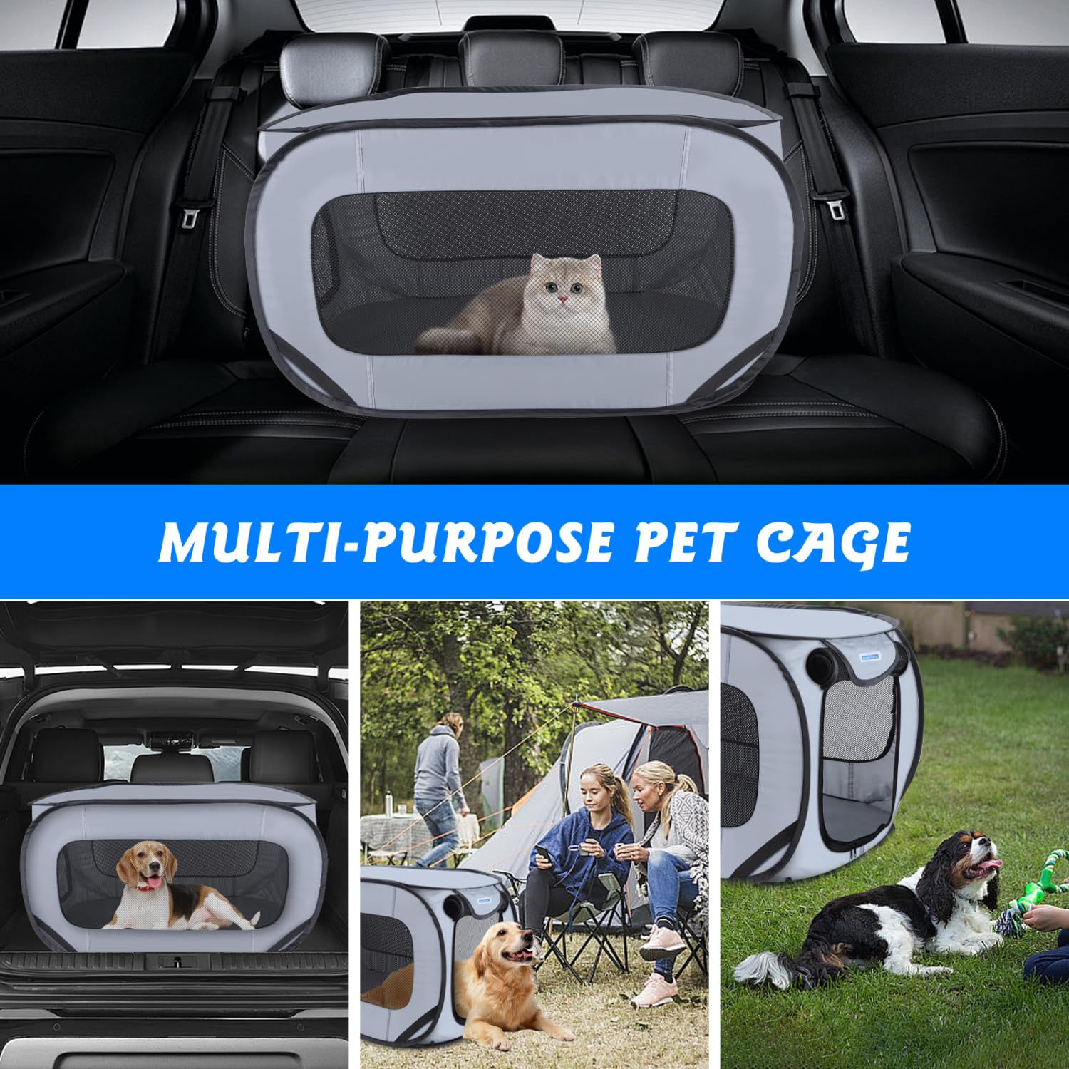 Nobleza Jaula Portátil para Perros Gatos en el Coche, Parque Plegable para Perros, Parque para Mascotas de Tela Oxford Impermeable Bañado en Plata 210D, Apto para Interior y Exterior, 93 * 54 * 54 cm