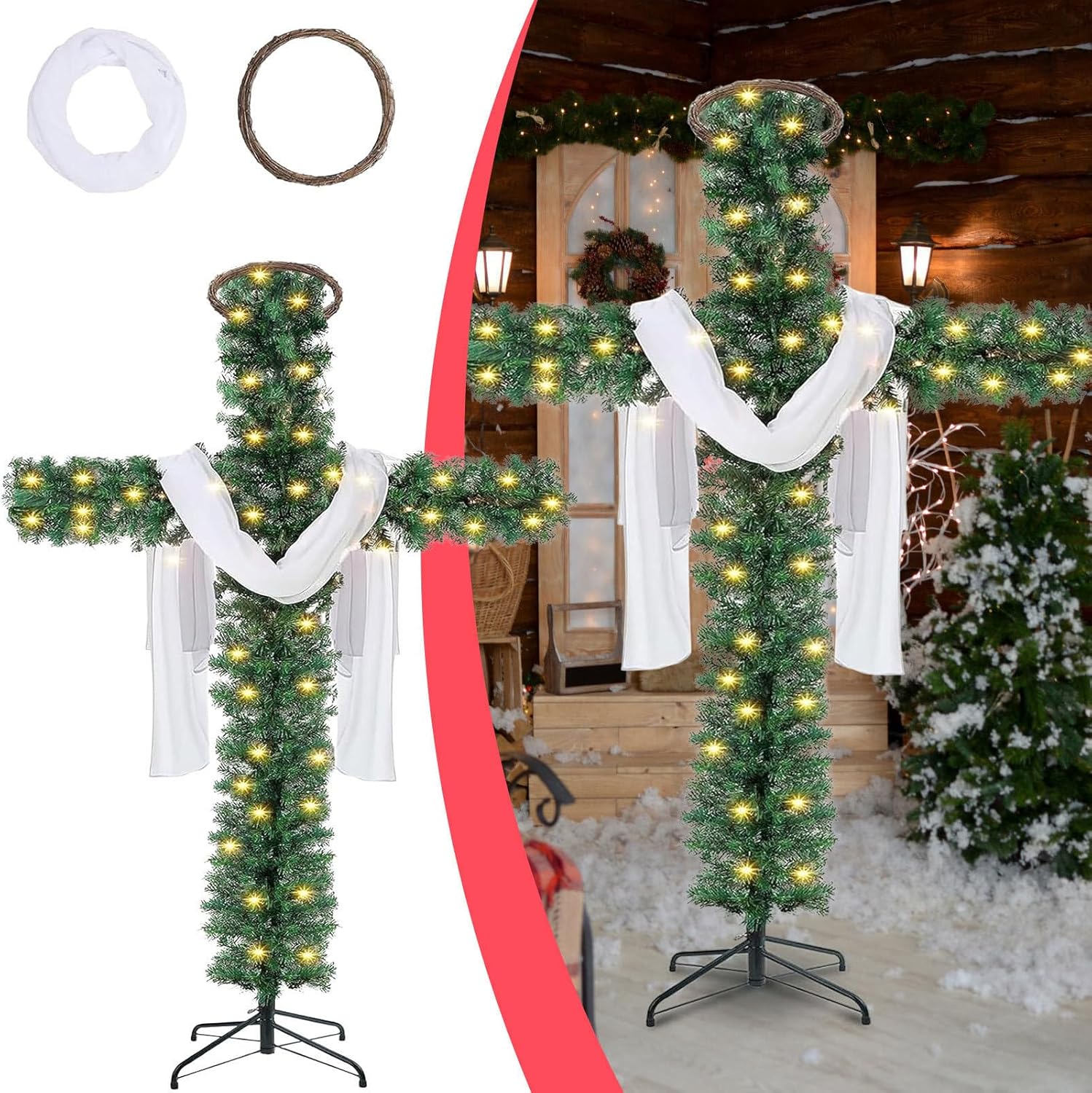 Christmas Tree, Cross Shaped Christmas Tree Pre-Lit Cross Trees Artificial Pine with LED Lights Scarves and Wooden Rattan Rings Religious Holiday Decor Home Trees Decorations