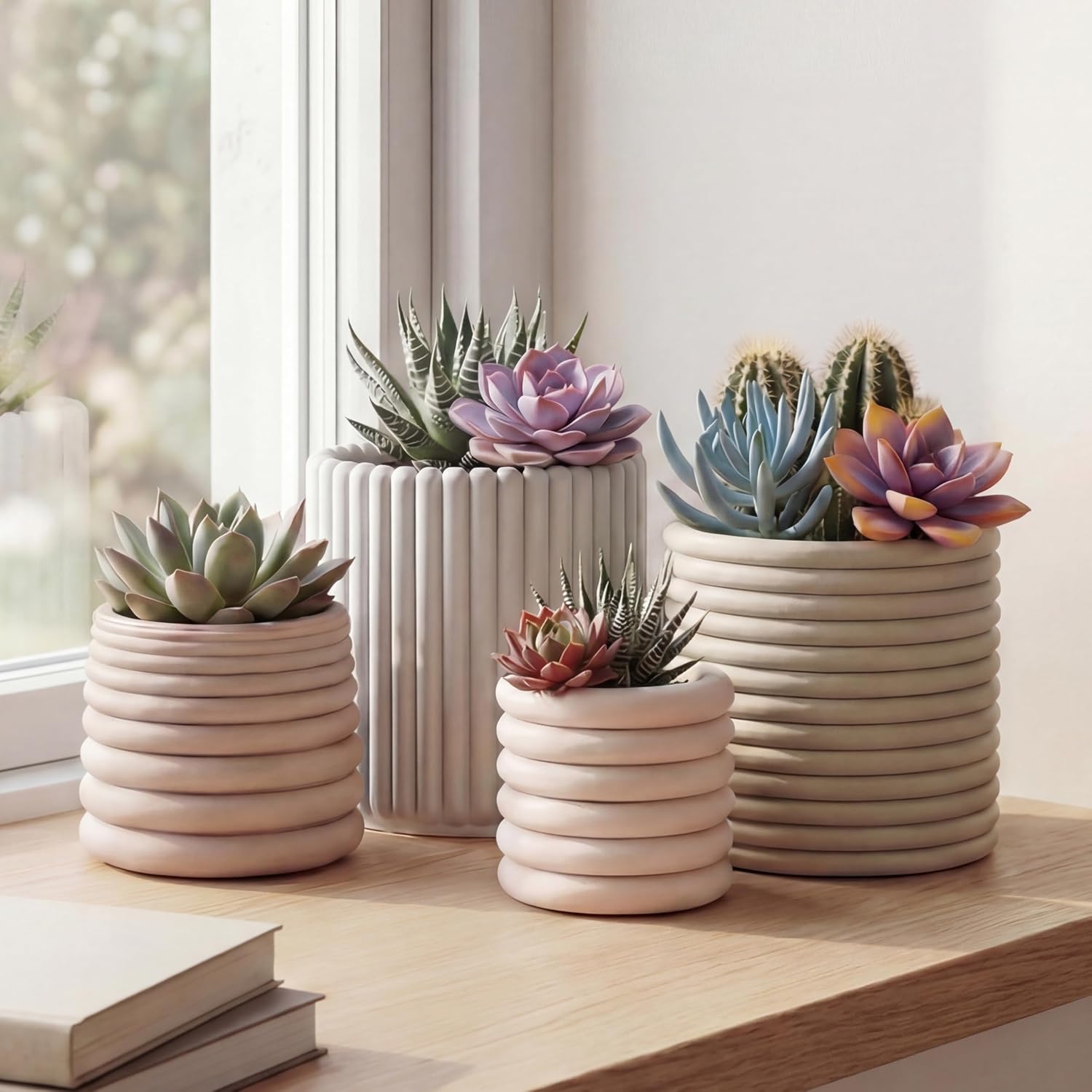 JONATHAN Y Silas Modern Minimalist Handmade Concrete Fluted Sculptural Cylinder Planter Set with Drainage Holes, Matte Soft Neutral (Set of 4) (PLN1000A-4SET)