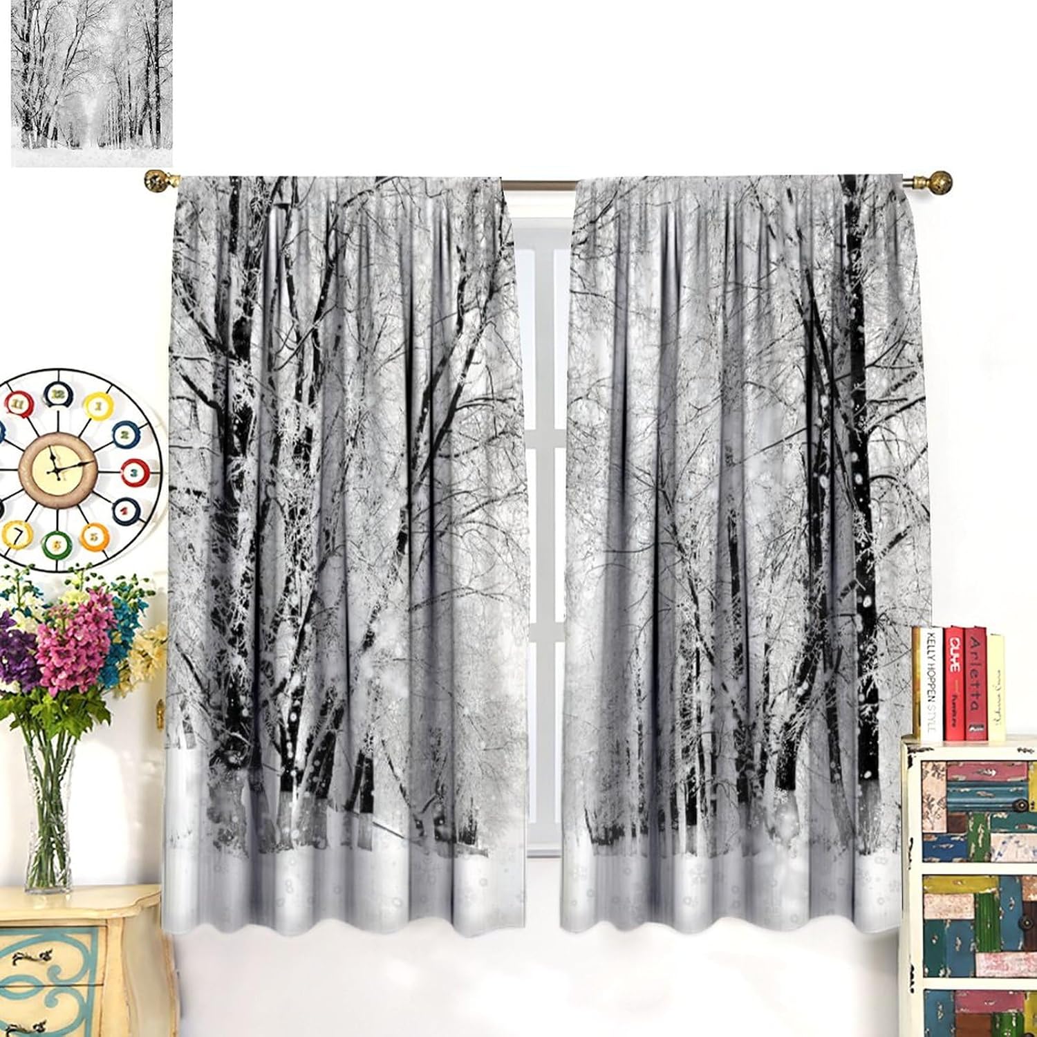 Winter Snowy Forest Curtains, Natural Rural Scenery Ice and Snow Street Tree for Christmas Xmas, Room Darkening Rod Pocket Window Treatments for Living Room Bedroom Kitchen 42x45 Inch