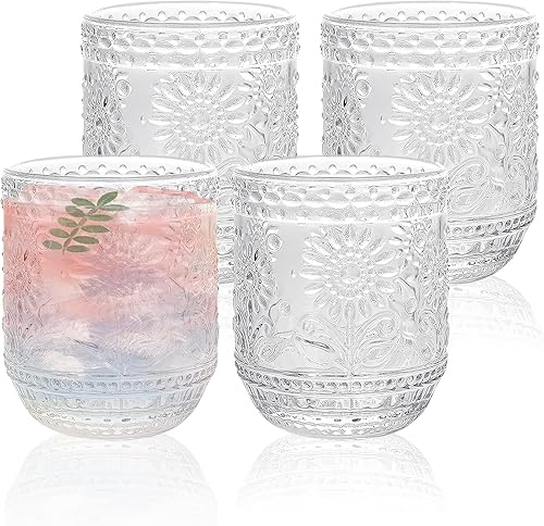 Miniatura 8 de Tazas vintage en relieve, copas de vino vintage de 12 onzas, 4 vasos para beber con diseño de girasol, cristalería verde floral en relieve para