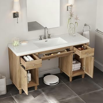 60 Inch Bathroom Vanity with SMC Sink, Modern Spacious Bathroom Storage Cabinet with Soft Close Drawers and Tip-Out Tray, Solid Wood Legs and Silver Metal Knobs