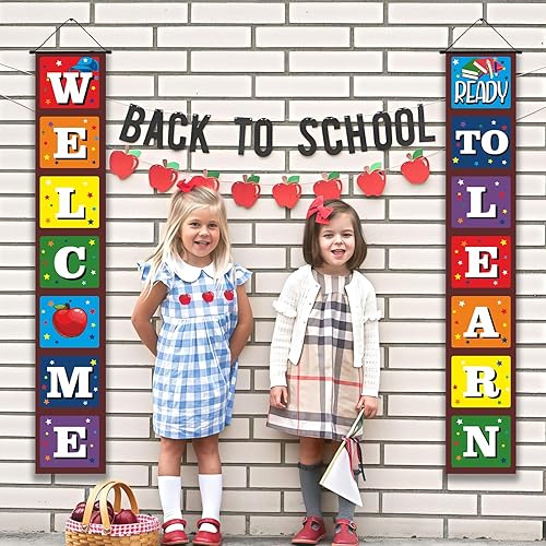 Miniatura 7 de Cartel de bienvenida de regreso a la escuela para el primer día de escuela, decoración colgante listo para aprender, decoración de telón de fondo