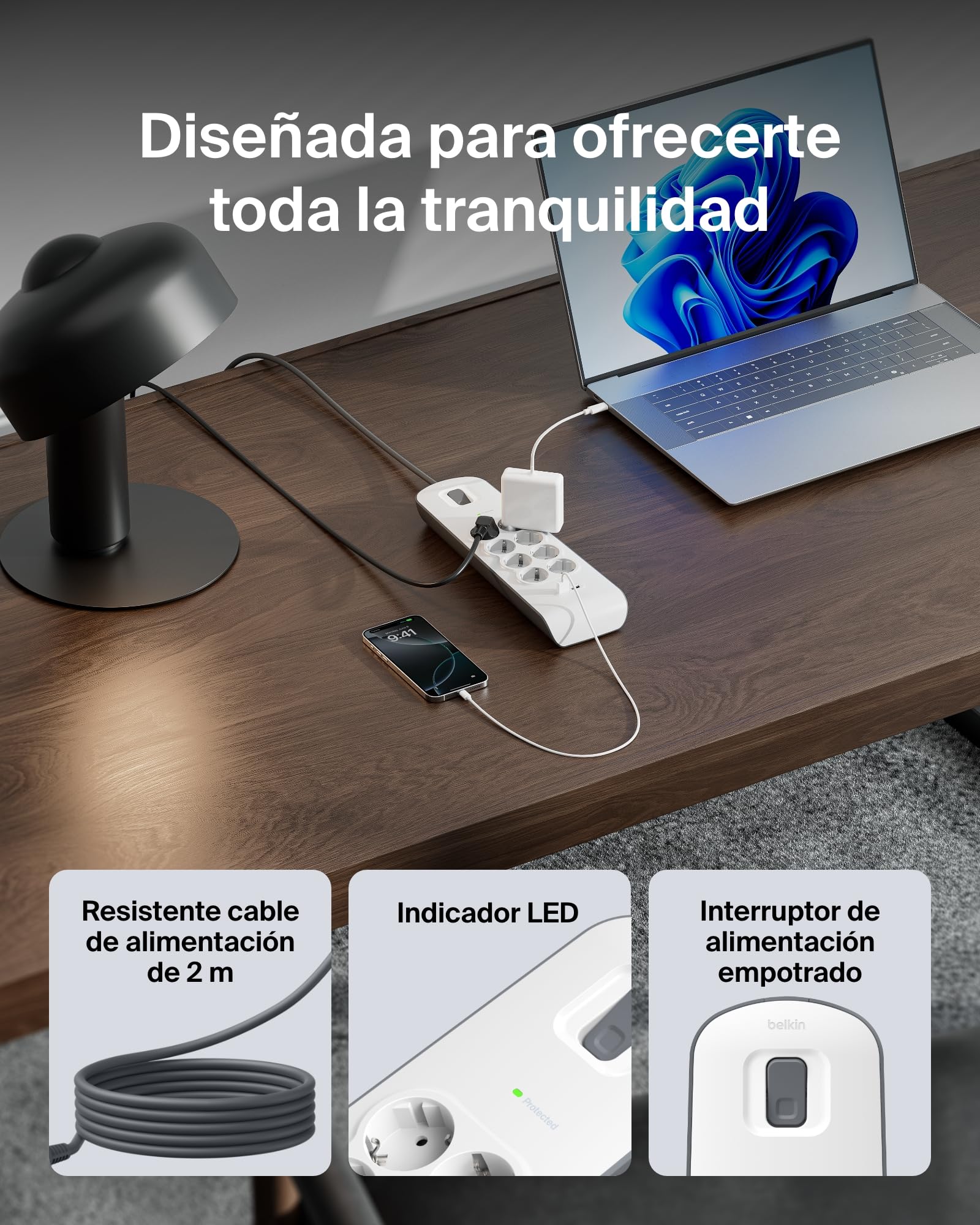 Belkin Regleta de enchufes con 8 tomas y 2 puertos USB-A (2,4 A) con protección contra sobretensiones, 900 julios, ladrón, cable de 2 metros, base múltiple con protección eléctrica, hogar y oficina