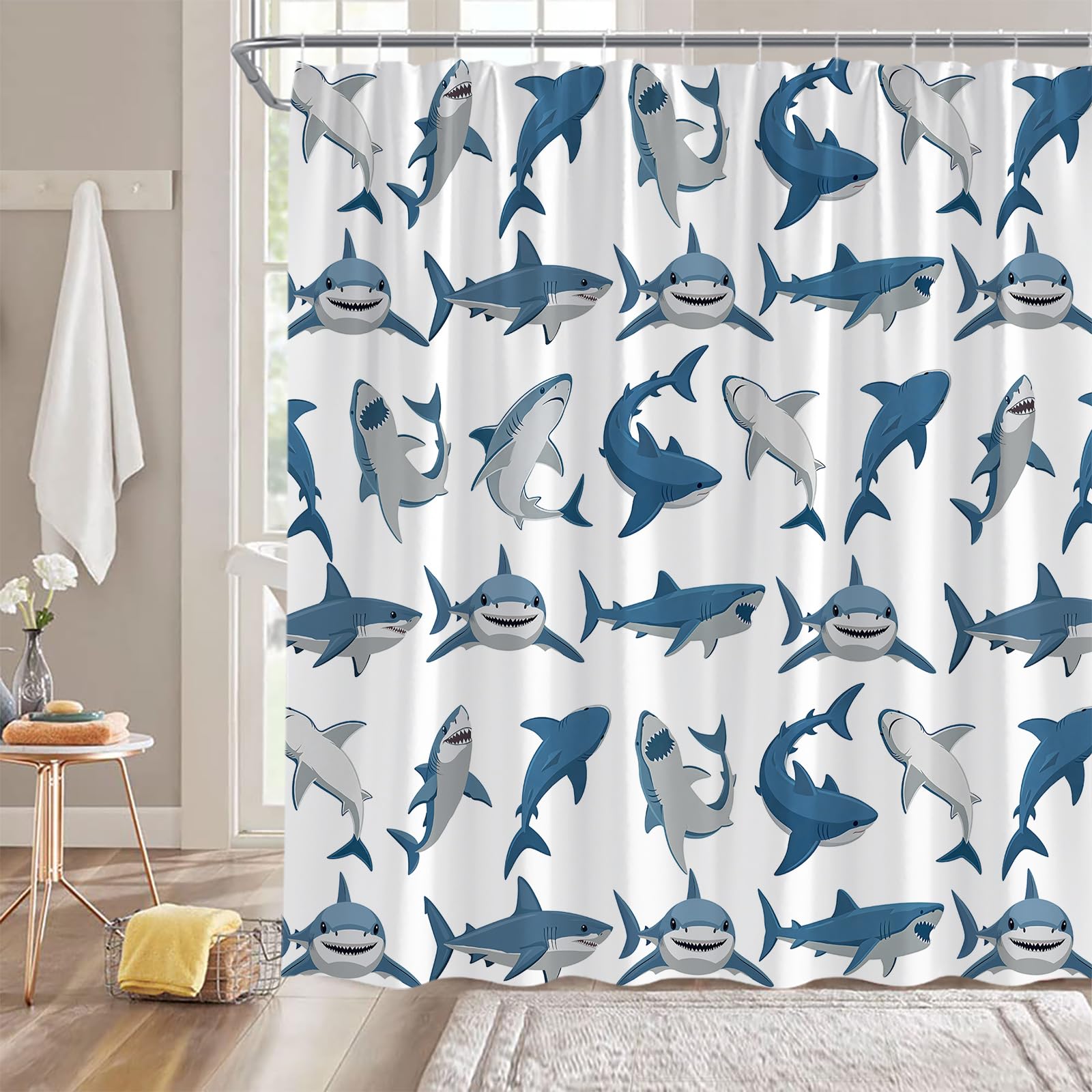 GCTNBJL Shark Shower Curtain Ocean Animal Shark Open The Mouth Fish Sea Marnie Underwater Nautical Bathroom Curtain with Hooks,Blue Gray White,70" W x