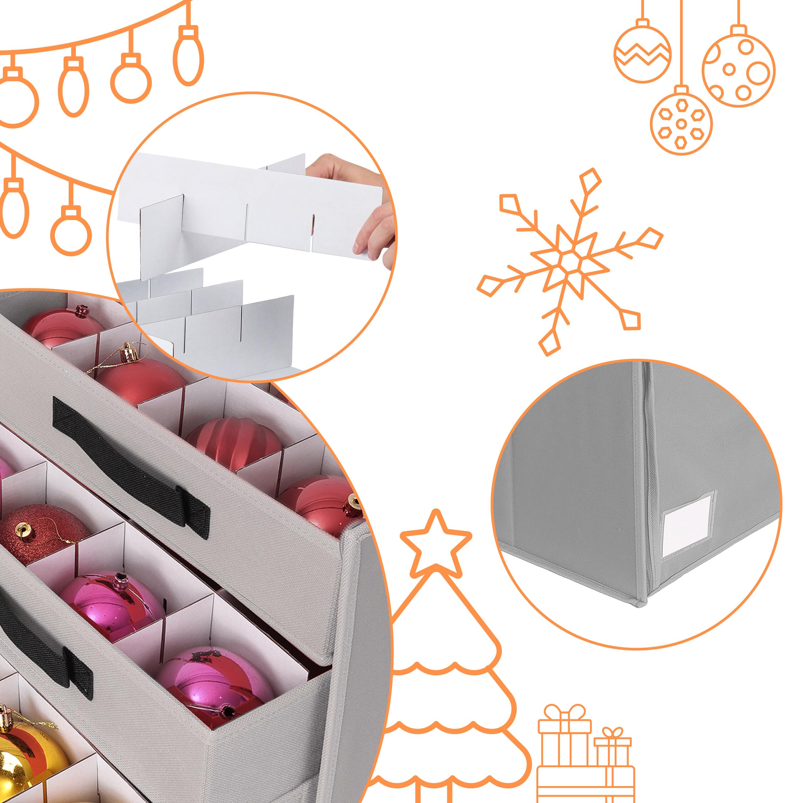 Relaxdays Weihnachtskugel Aufbewahrungsbox, 64 Kugeln, HxBxT: 40 x 36,5 x 36,5 cm, Polyester, Pappe, Kugelkiste, grau