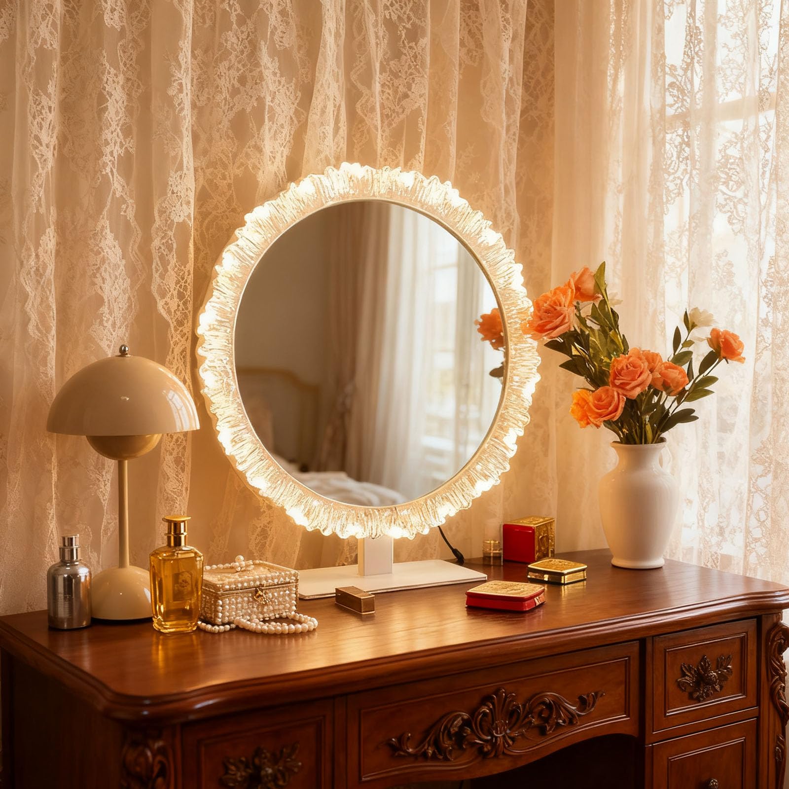 Numjeg Round Tabletop Makeup Mirror ﻿Desktop Dormitory Home Bedroom Countertop Vanity Mirror Acrylic Sunflower LED Makeup Mirrors for Vanity Dresser, Bathroom non-UK socket