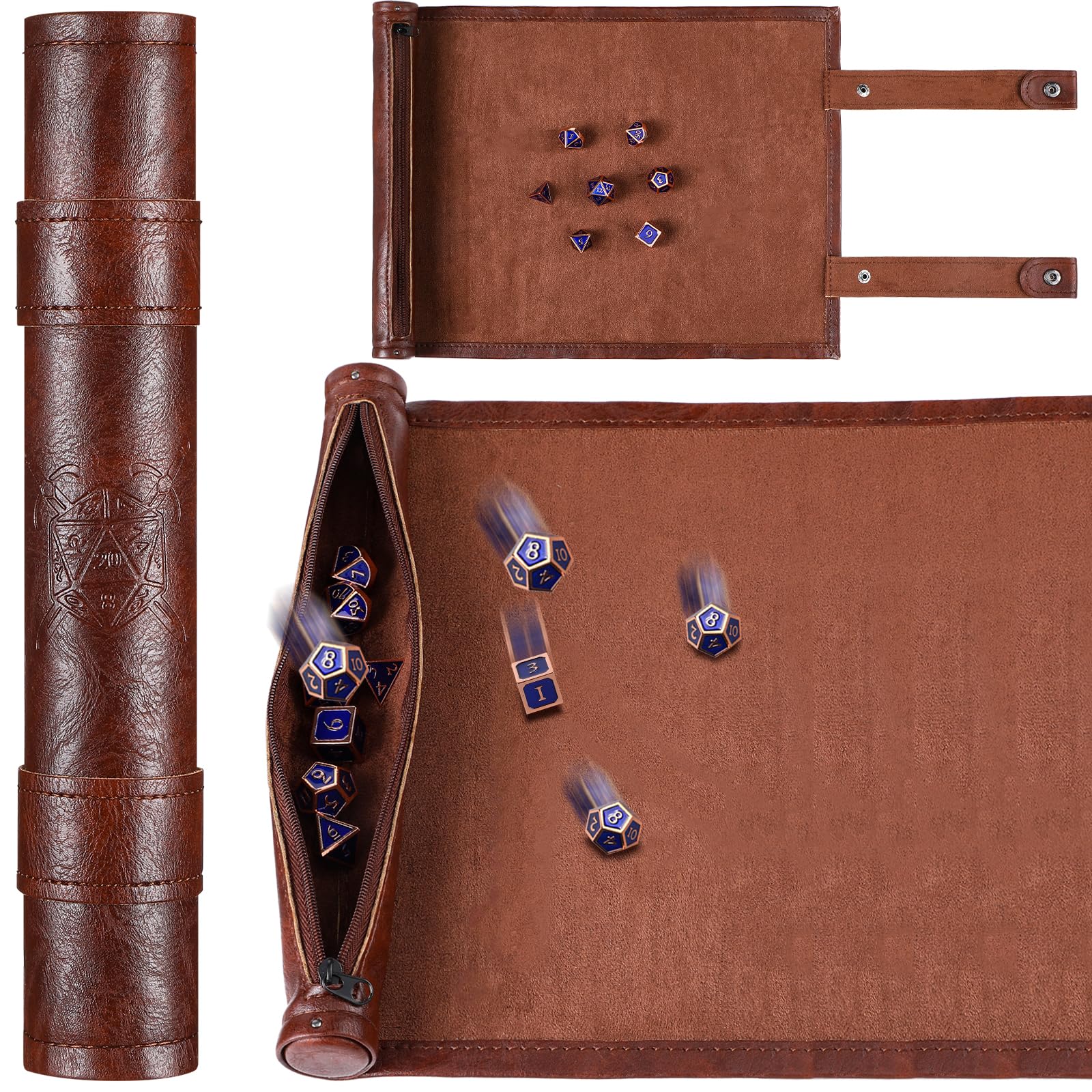 Civaner Dice Mat Tray Rolling Mat with Zipper PU Leather Folding Scroll Dice Bag Holder Table Christmas Game Accessories(Brown,1 Piece)