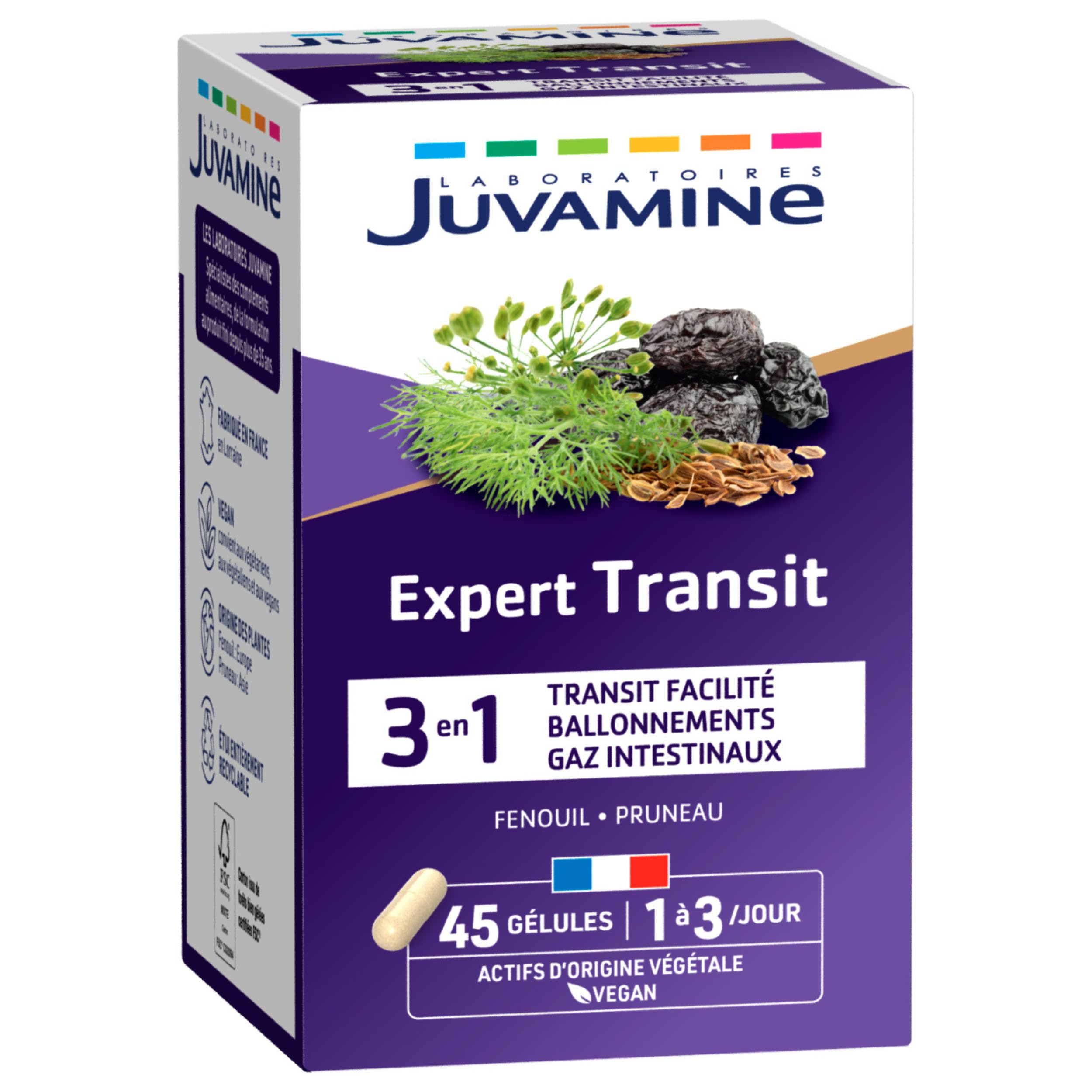 JUVAMINE - Expert Transit 3-​en-​1 - Transit facilité - Ballonnements - Gaz Intestinaux - Inconfort digestifs - Fenouil - Pruneau - 45 gélules - Fabriqué en France