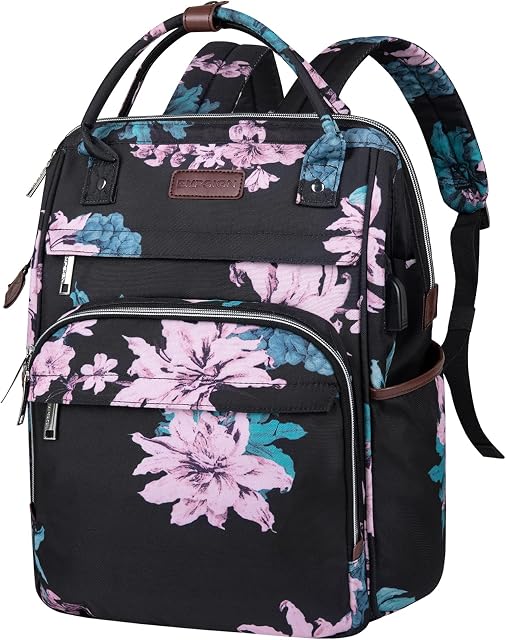 EMPSIGN Laptop Backpack for Women, 15.6 Inch College School Backpack, Laptop Rucksack Casual Daypack Wide Open, Water Repellent Travel Business Work Bag Computer Bookbag with USB Port, Floral