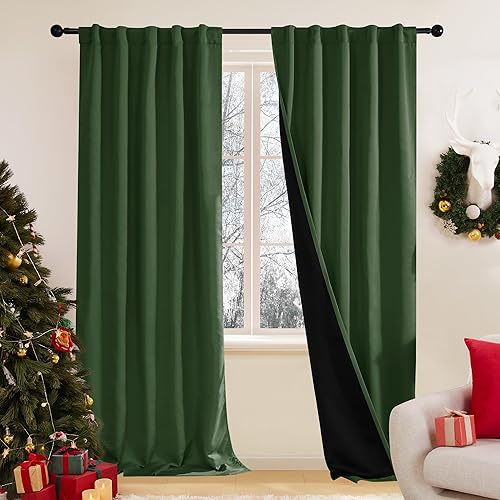 Deconovo Cortinas 100% opacas, bloqueo de luz, forro negro, aislamiento térmico, para dormitorio y cocina (2 paneles, verde, 42 pulgadas de ancho x