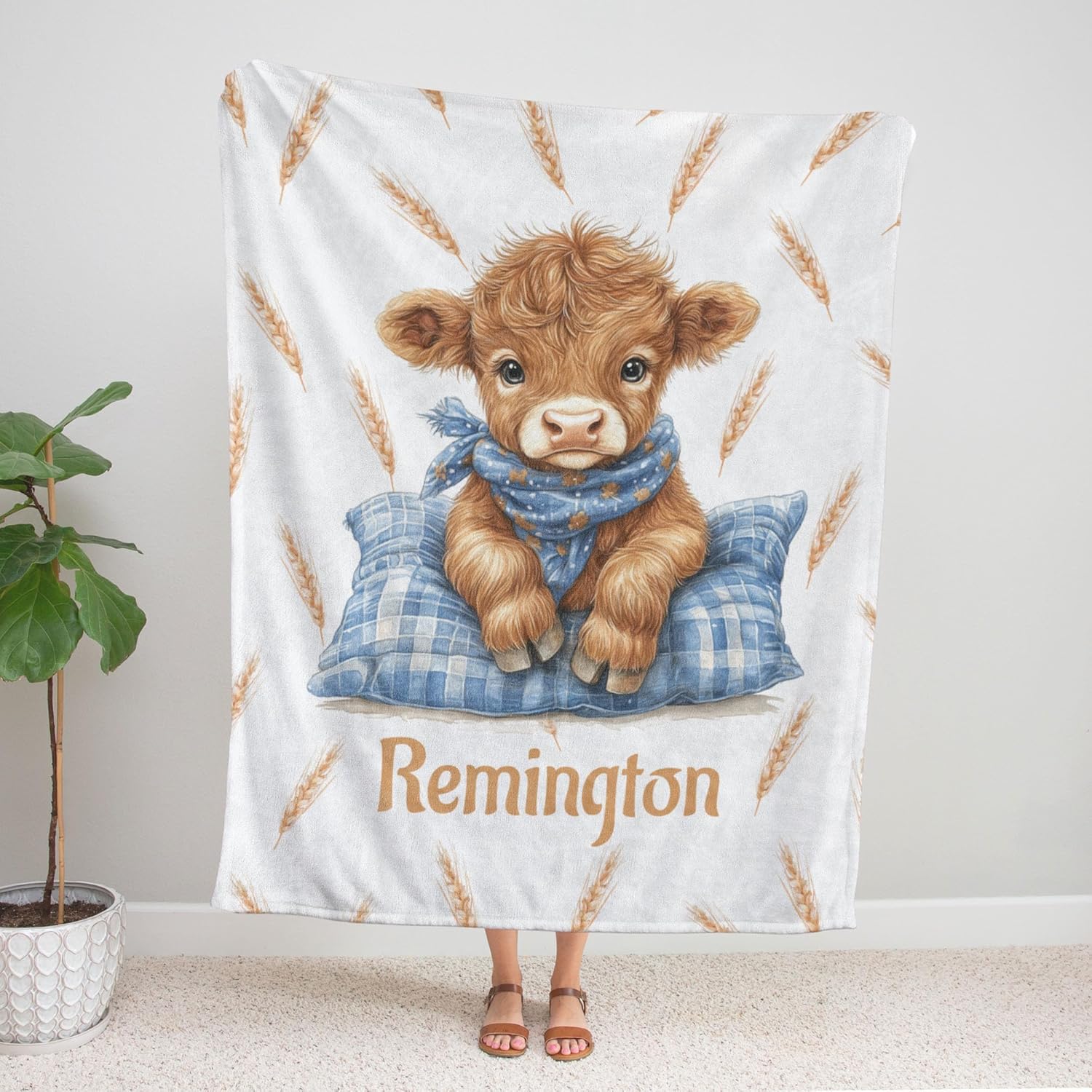 Baby Highland Cow Personalized Baby Boy Name Blanket (50 x 60 Toddler/Kids)
