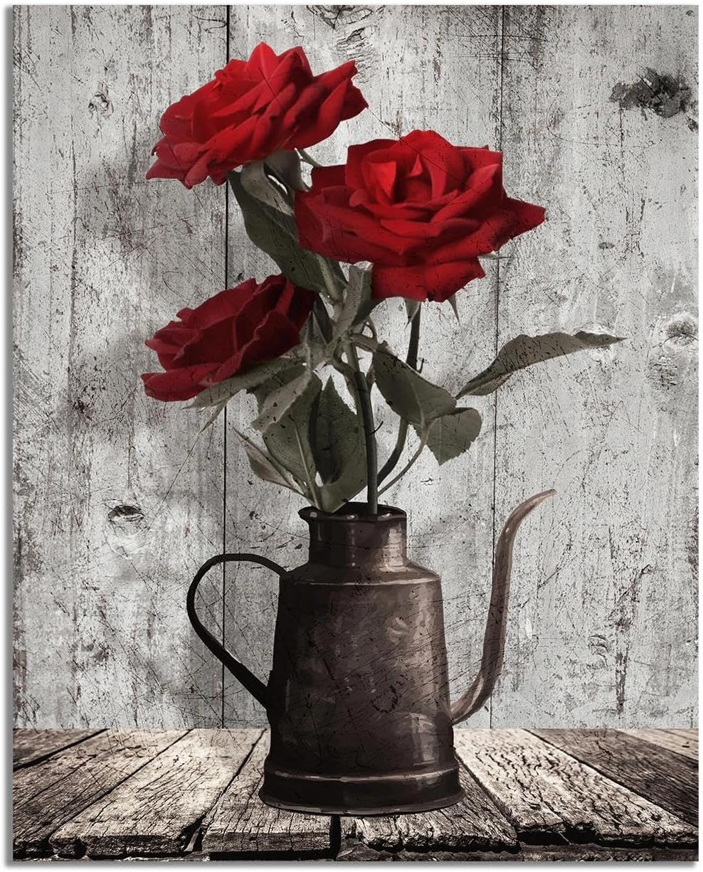 Red Rose Canvas Wall Art: Rustic Black White Flower Framed Bedroom Decor - Vintage Vase Picture Home Decoration Farmhouse Print Artwork for Living Room Kitchen 16" x 20"