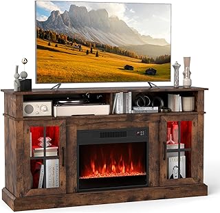 Tangkula Fireplace TV Stand for 65 Inch TV, LED Lights 58 inches Entertainment Center with Electric Fire Place with Storage Cabinet for Living Room (Rustic Brown)