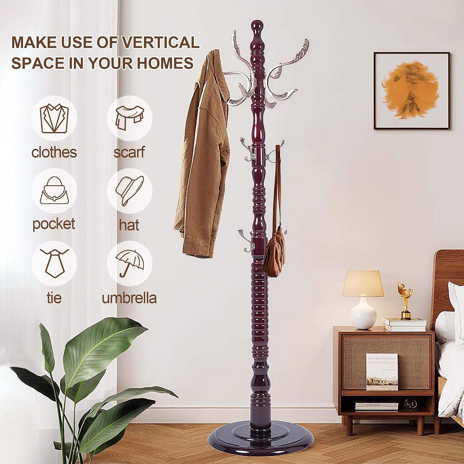Wooden Coat Rack Freestanding with 20 Metal Hooks, Adjustable Height Coat Tree Free Standing Heavy Duty for Entryway, Easy Assembly Solid Wood Sturdy Coat Hats Hanger Stand for Office Hallway Bedroom