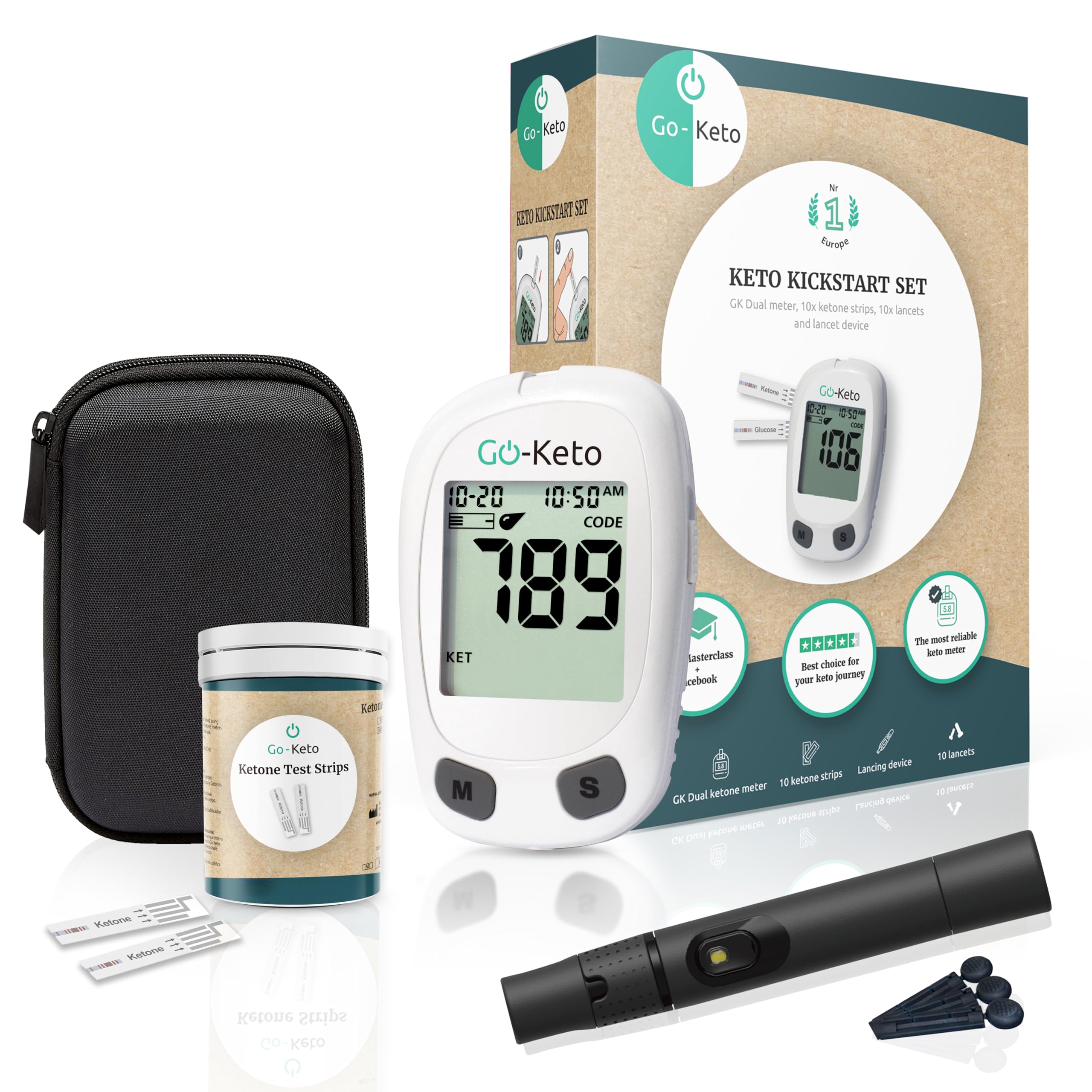 Misuratore di chetoni Go-Keto (mg/dl) Starter Set – Misuratore chetonico con 10 strisce reattive – Misura facilmente la chetosi per la dieta chetogenica