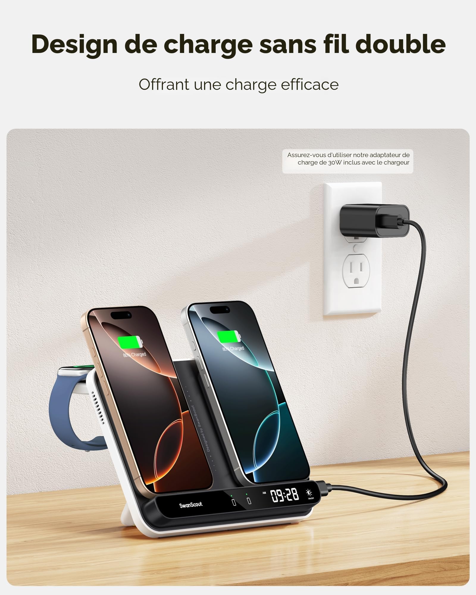 Double Chargeur Induction pour iPhone, Station de Charge pour 2 Téléphone | Chargeur sans Fil pour 2 iPhone Air/17 Pro Max/17 Pro/17/16/15, pour Apple Watch 11/10/Ultra 3/SE 3, Earbuds, SwanScout 710A