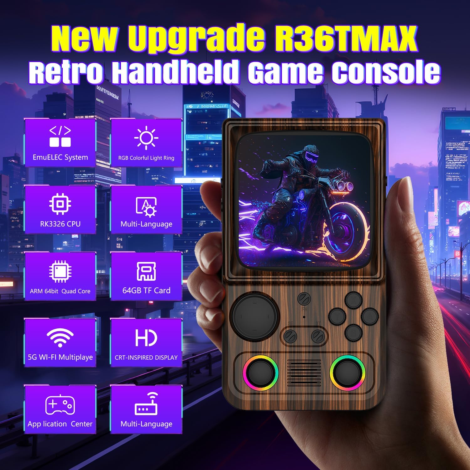 R36TMAX Retro Gaming Console, 4.0'' IPS Screen, Retro Handheld Game Console 64GB Support 22000+ Classic Games Supports WiFi Networked Fighting, 4000mAh Battery with Portable Case(Coffee Brown 64GB)