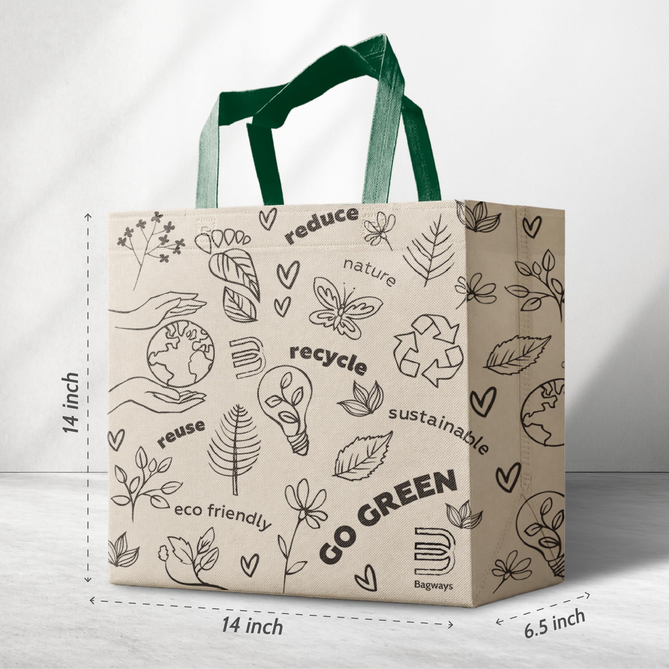 Lot de 50 grands sacs fourre-tout réutilisables avec poignées, pliables et respectueux de l'environnement fabriqués en matériaux non tissés recyclables, 35,6 x 16,5 x 35,6 cm (griffonnage