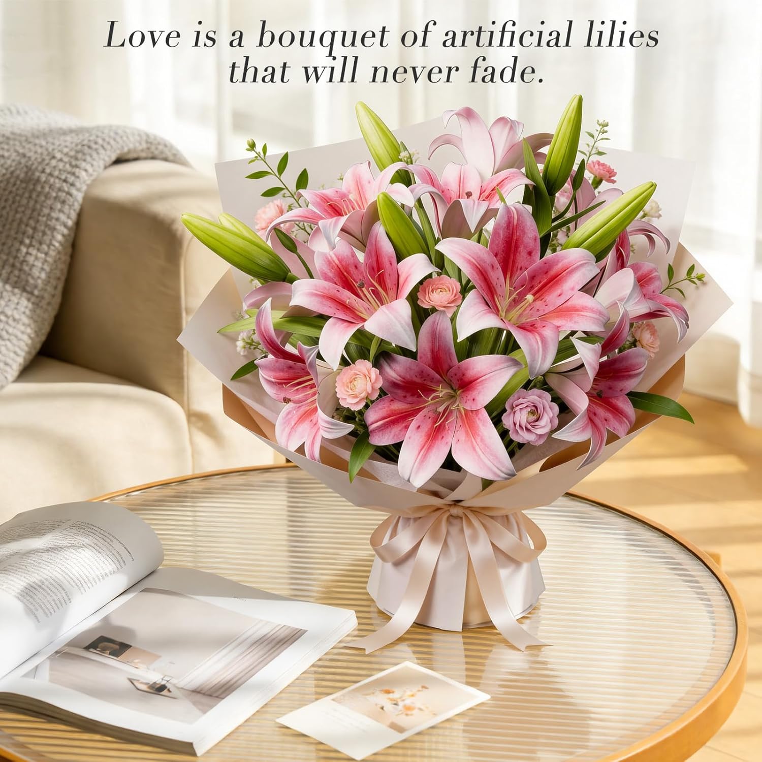 6PCS Artificial Lilies Set with 12 Heads Fully Bloomed Lilies and 6 Buds, Short Stem Real Touch Artificial Flowers for Home Hotel Flower Arrangement Party Decor (Pink)