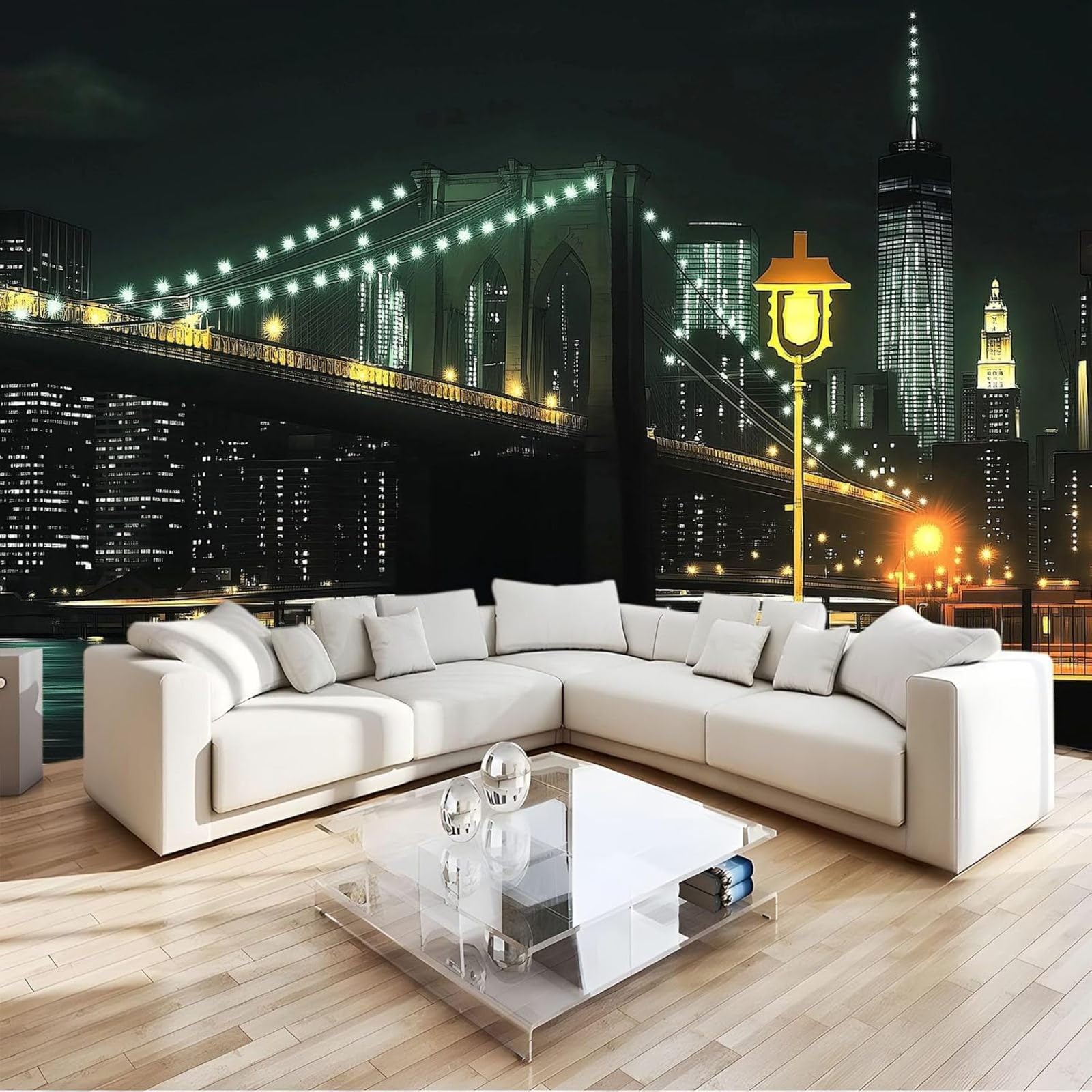 hgjdjhnf Wallpaper Cityscape New York Brooklyn Bridge Night View Photo Wallpaper Wall Decor Wallpaper Wall Mural Decoration Study Room Living Room Restaurant Cafe, Dark Green, 430cm x 300cm