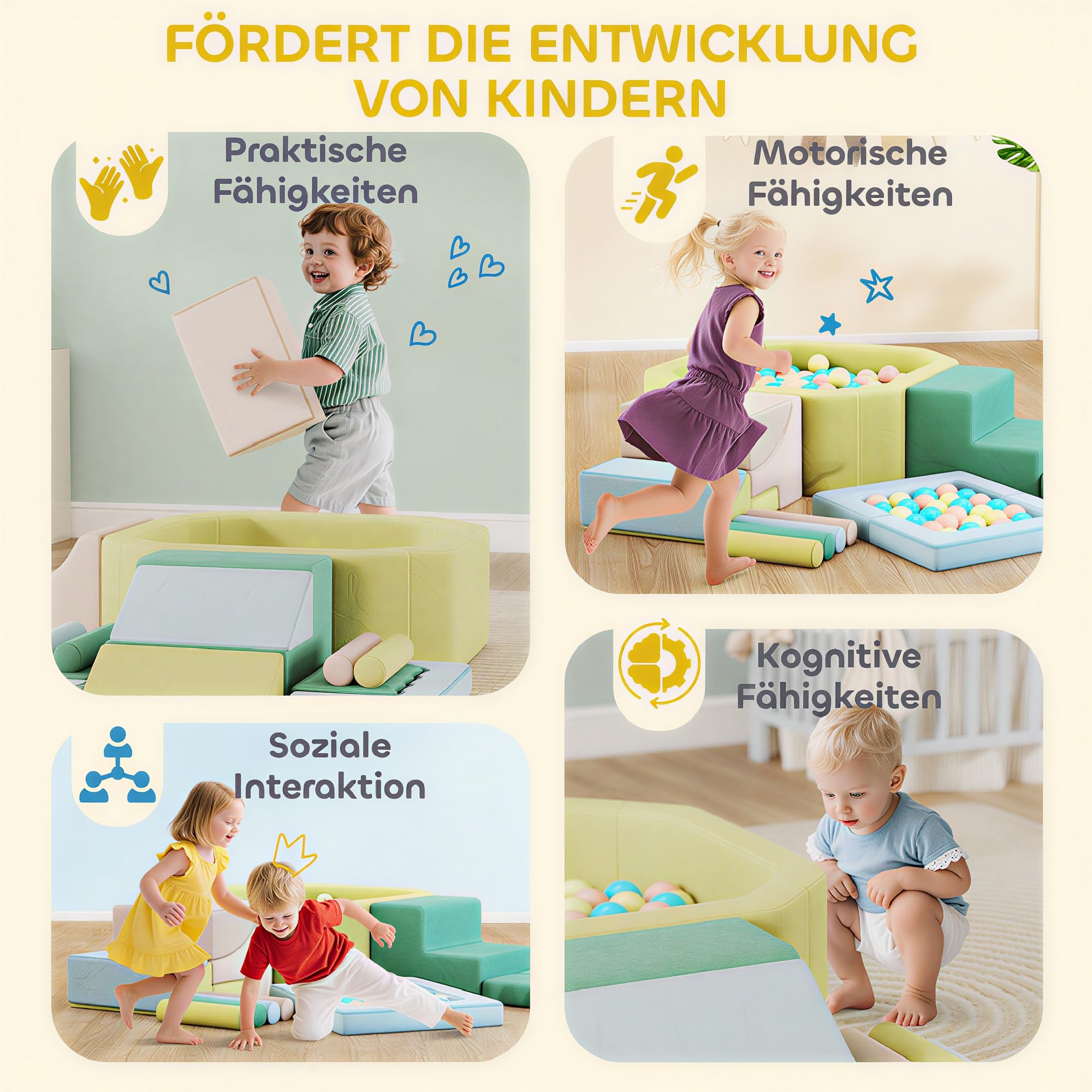 AIYAPLAY Schaumstoff Bausteine Kinder 15er-Set mit Bällepool und 200 Bällen, Riesenbausteine Klettern, Großbausteine in Cord-Optik, Bauklötze Spielbausteine, Mehrfarbig