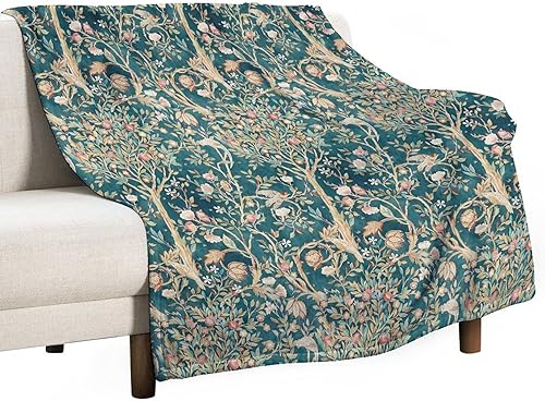 William Morris Manta floral, color verde azulado, con estampado vintage de jardín, manta de franela súper suave para cama y sofá, 60 x 80 pulgadas