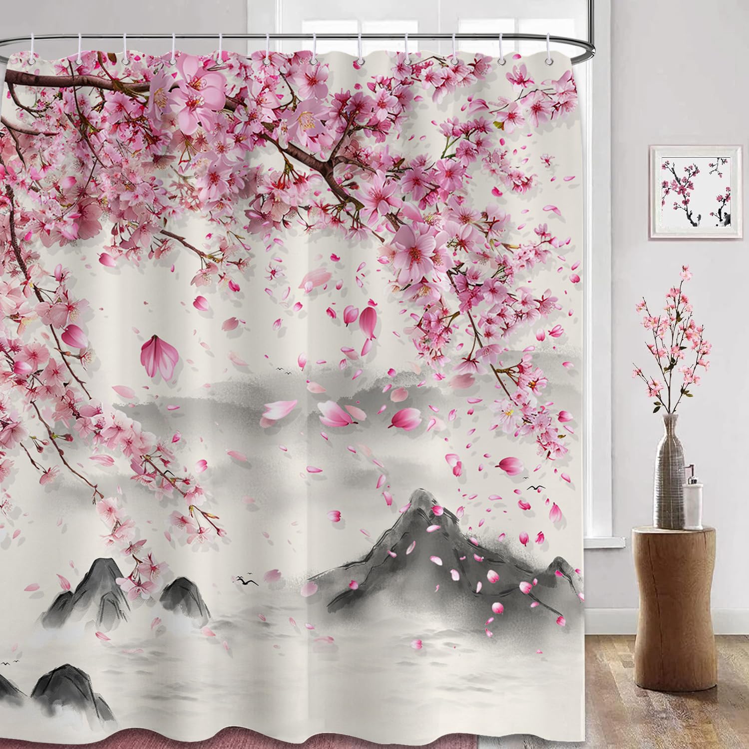 puuiui Pink Cherry Blossom Shower Curtain Japanese Anime, 70x72 Inchs | Pink Floral Desig…