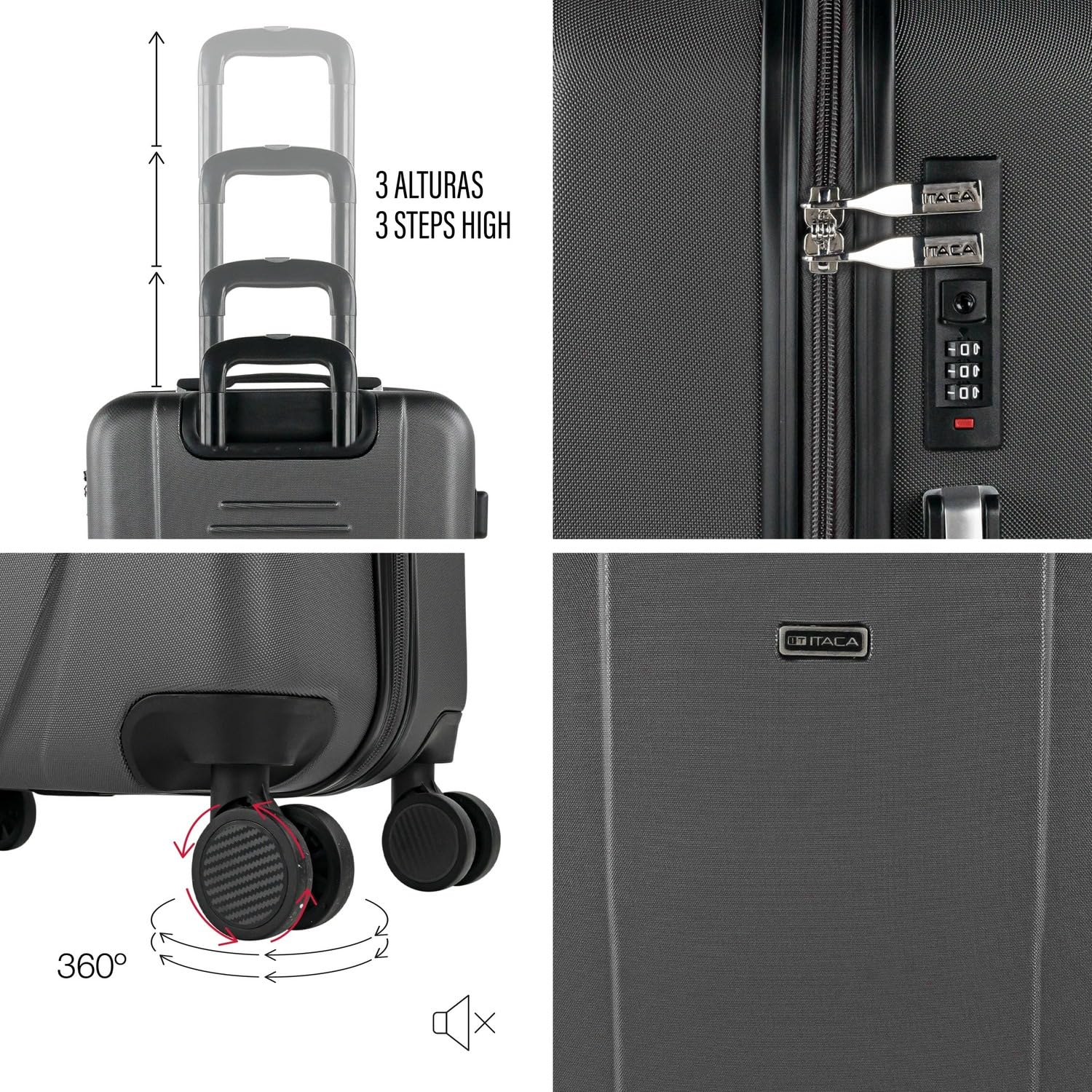 ITACA - Maleta Mediana 55x40x20 de Viaje rígidas Trolley con 4 Ruedas Dobles para Avion Ligera Equipaje de Mano candado de combinación., Antracita