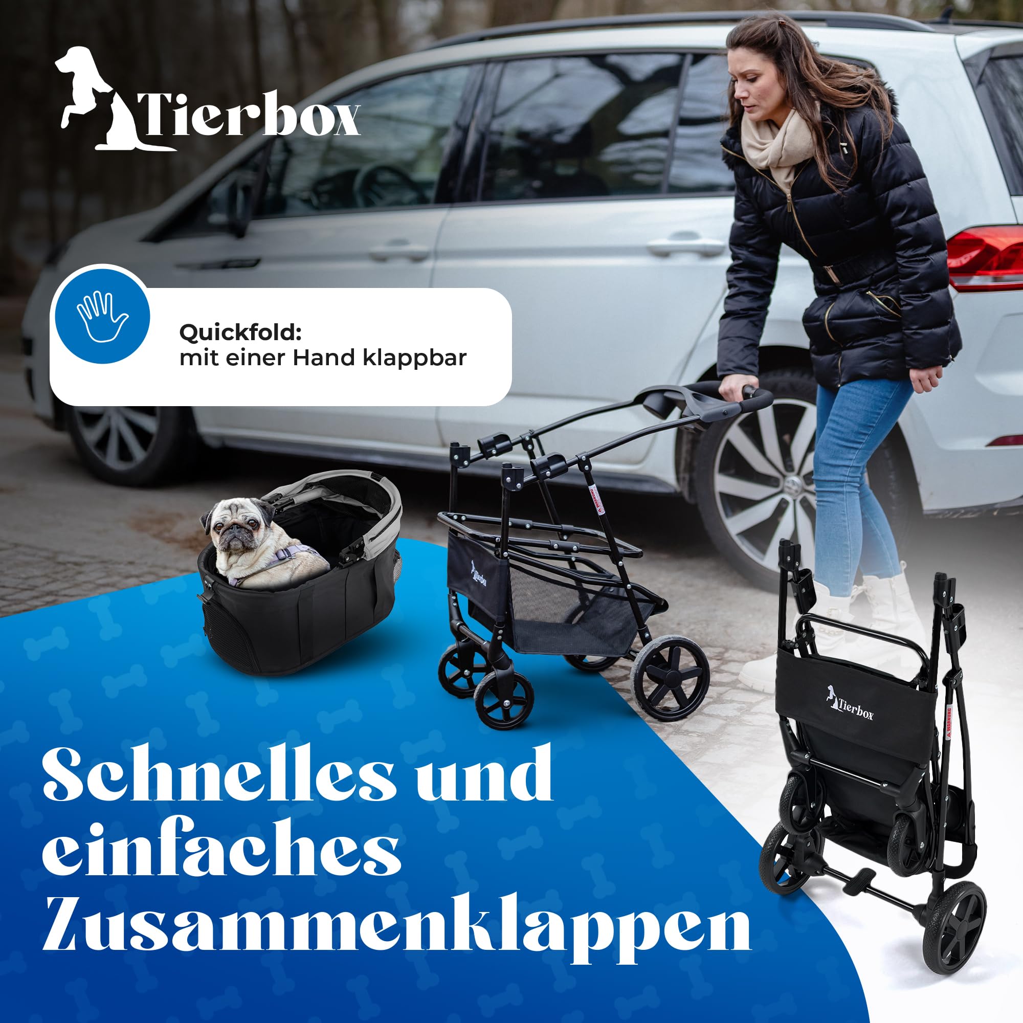Hundebuggy bis 10kg Hundewagen für kleine Hunde klappbar mit QuickFold, Katzenwagen in Grau