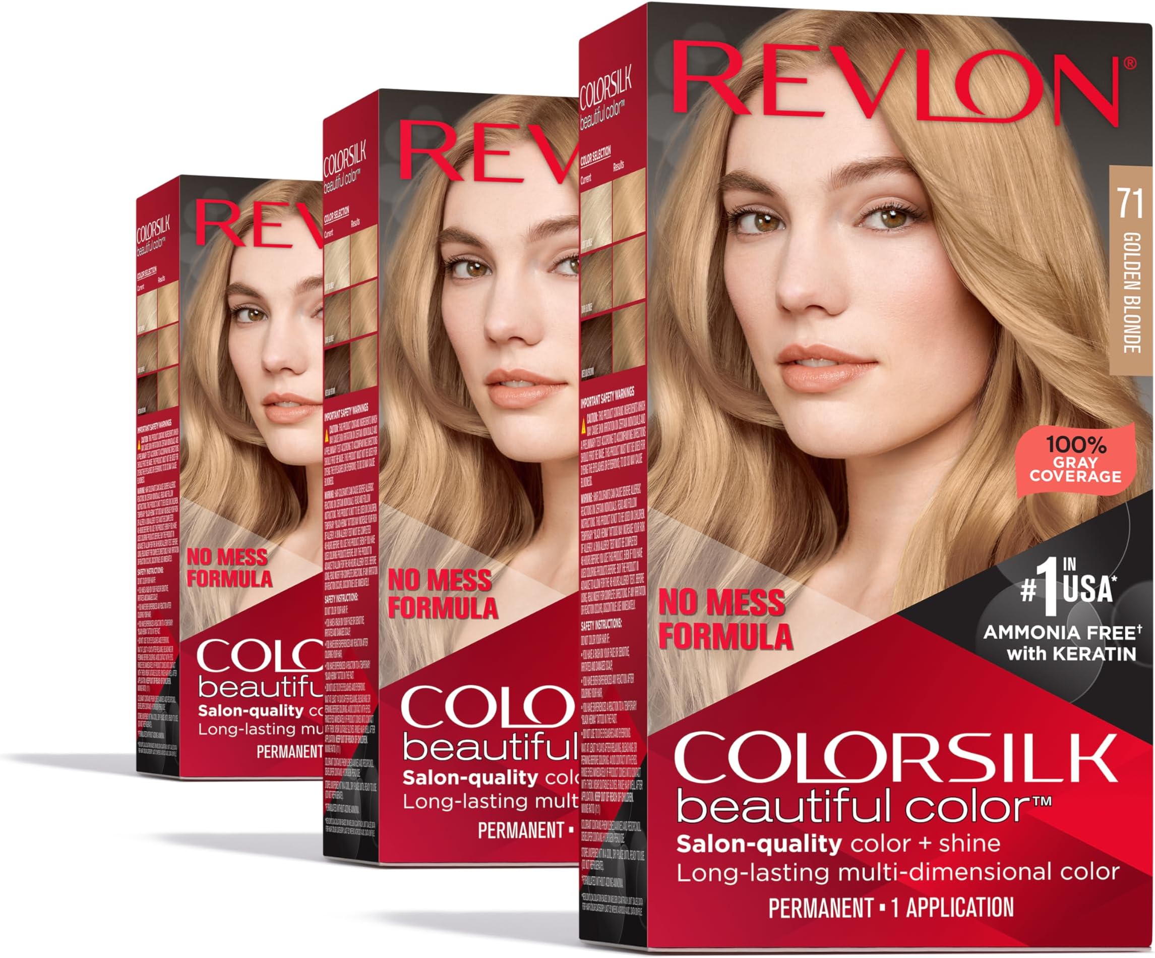 Revlon Colorsilk Beautiful Color Permanent Hair Color, (OLD VERSION) 71 Golden Blonde (Pack of 3)