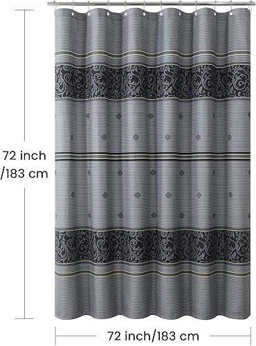 Vista 130 de Cortina de ducha de tela, estampado beige y tostado, cortinas de ducha con patrón de damasco bohemio de cachemira para baño, cortinas de baño Hudson