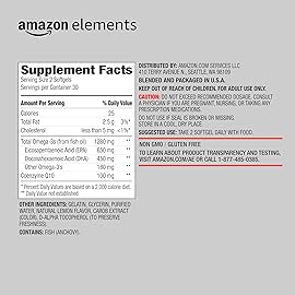 Amazon Elements Omega 3 Fish Oil + CoQ10, Natural Lemon Flavor, Wild-caught, 1250mg Omega-3s, 60 Softgels