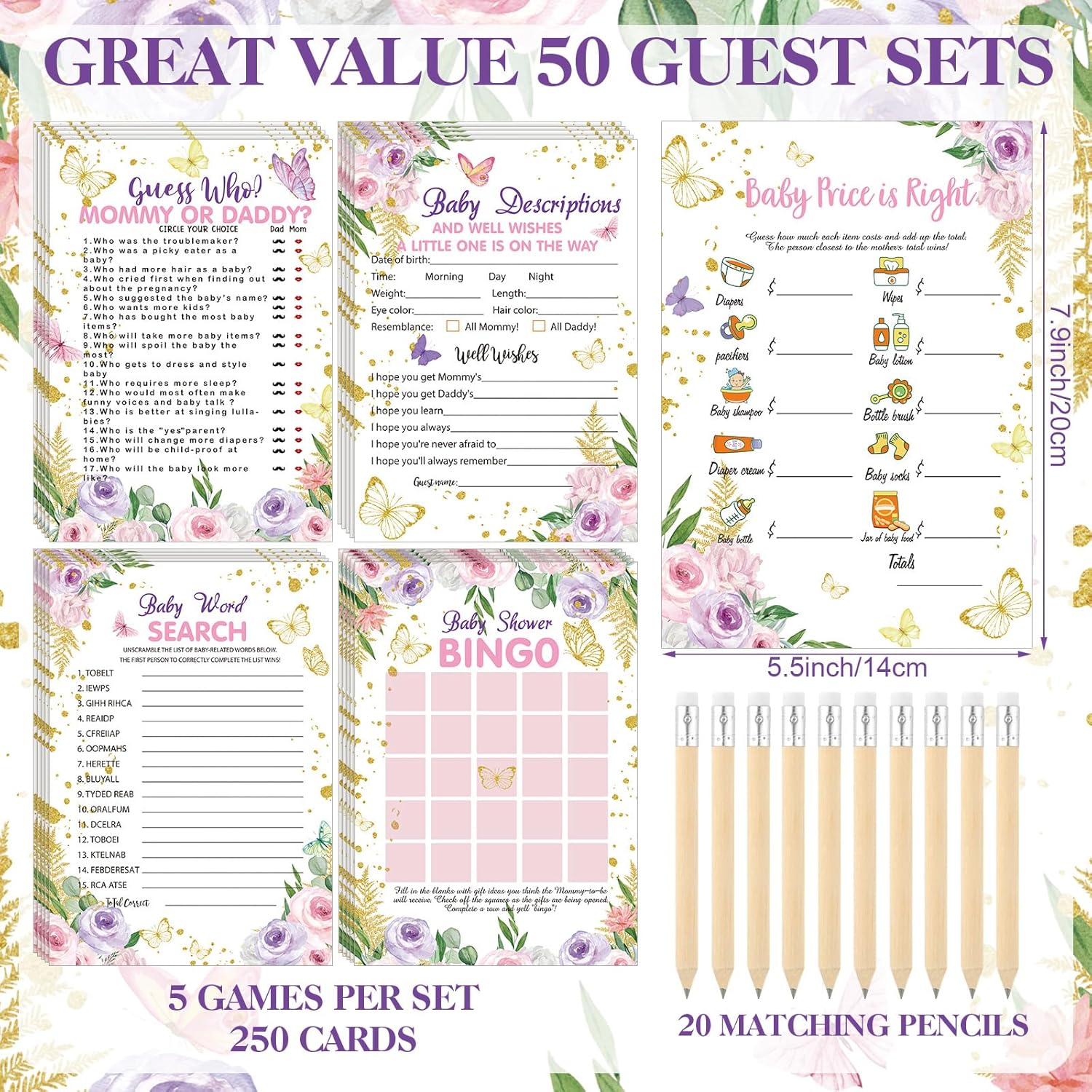Patelai 321 Pcs Butterfly Baby Shower Decorations a Little Butterfly Is on The Way for Baby Shower Party Bingo Games Don't Say The Word for Pink Purple Gender Reveal Game Birthday Party Decor Supplies