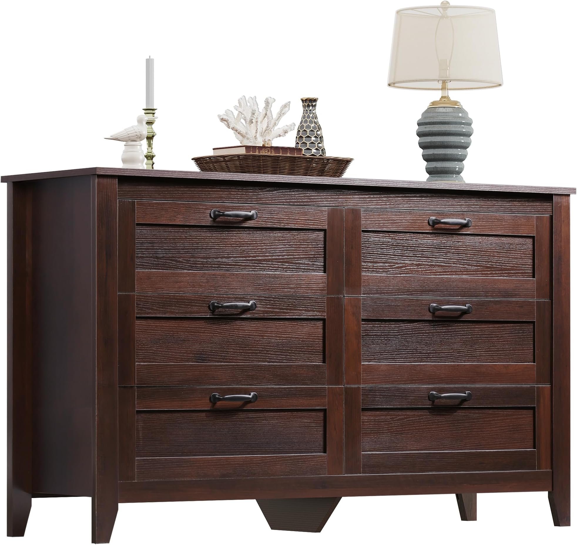 WLIVE Wood Dresser for Bedroom, Double 6 Drawer Dresser with Metal Handle, Large Wooden Chest of Drawers for Living Room, Hallway, Closet, Rustic Brown