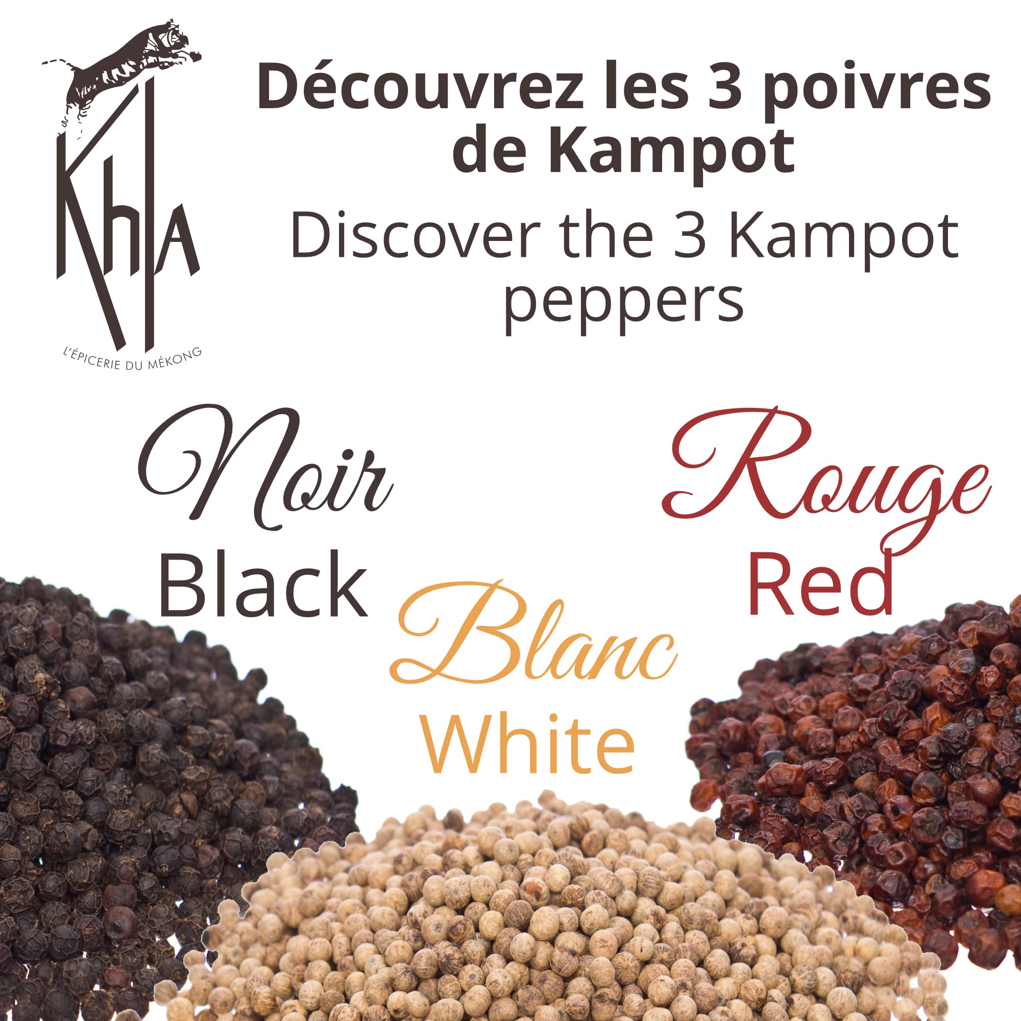 Khla - Coffret 3 Poivres de Kampot Bio - Coffret Idée Cadeau - Trio de Poivres en Grain 3 x 120g - Grands Crus, Rares - Poivre du Monde - Production limitée - Épice d’Asie Cuisine - Origine Cambodge