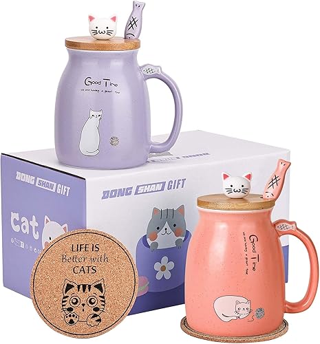 Juego de 2 tazas de té con diseño de gato, taza de café de cerámica con tapa Kawaii y cuchara, tazas lindas para mujeres y niñas, amantes de los