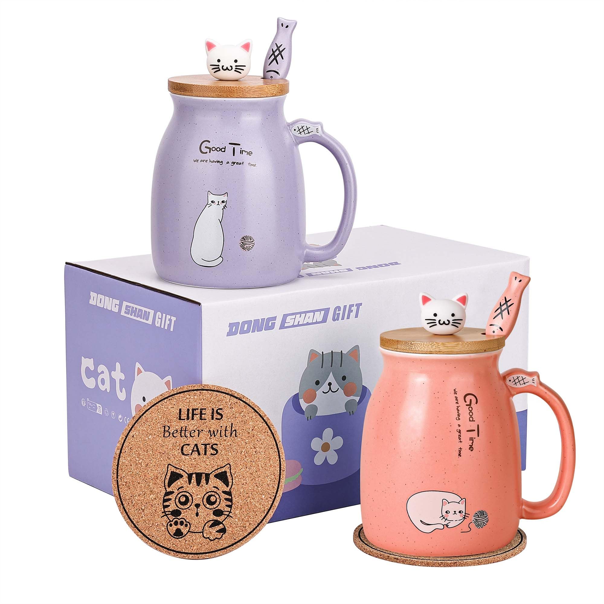 Kawaii Cat Mug Set - 2 Cute Ceramic Tea Cups with Lids & Spoons - 15oz/500ml - Perfect for Women & Cat Lovers - Christmas & Birthday Gift (Purple & Pink)