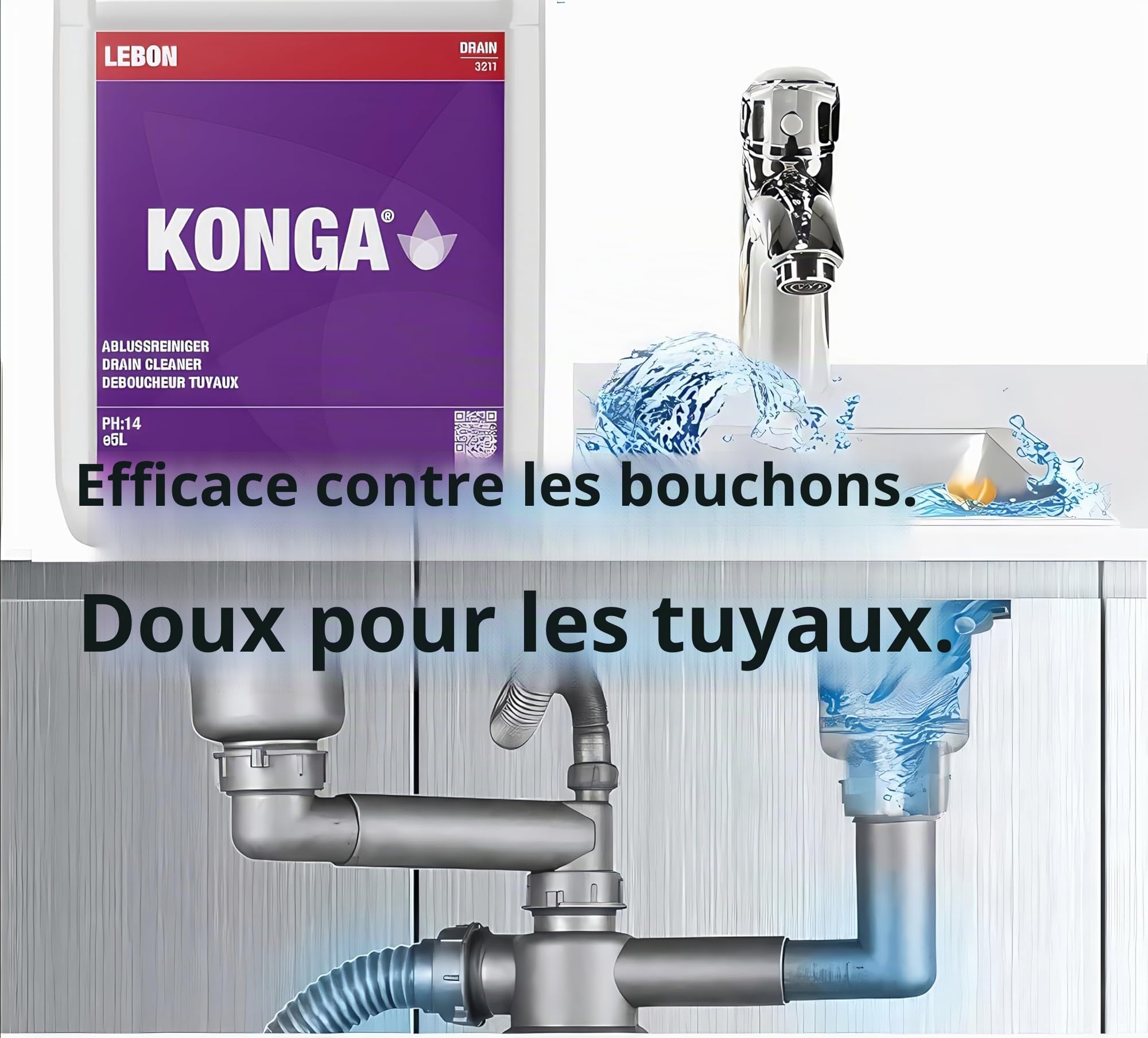 Konga Decapant Forte Nettoyeur de Drain Professionnel | Nettoyeur de Tuyau Alcalin Fort | Dissout les Graisses, les Cheveux et les Obstructeurs Organiques | Pour les Grandes Cuisines, les Égouts