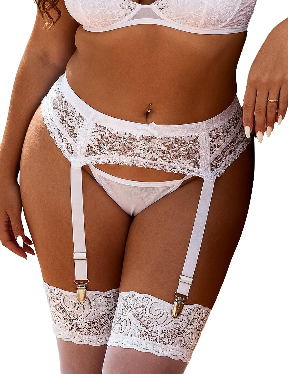 Lace Garter Belt for Women 4 Straps Sexy Suspender Lingerie for Thigh Highs Stockings Plus Size, with Thong