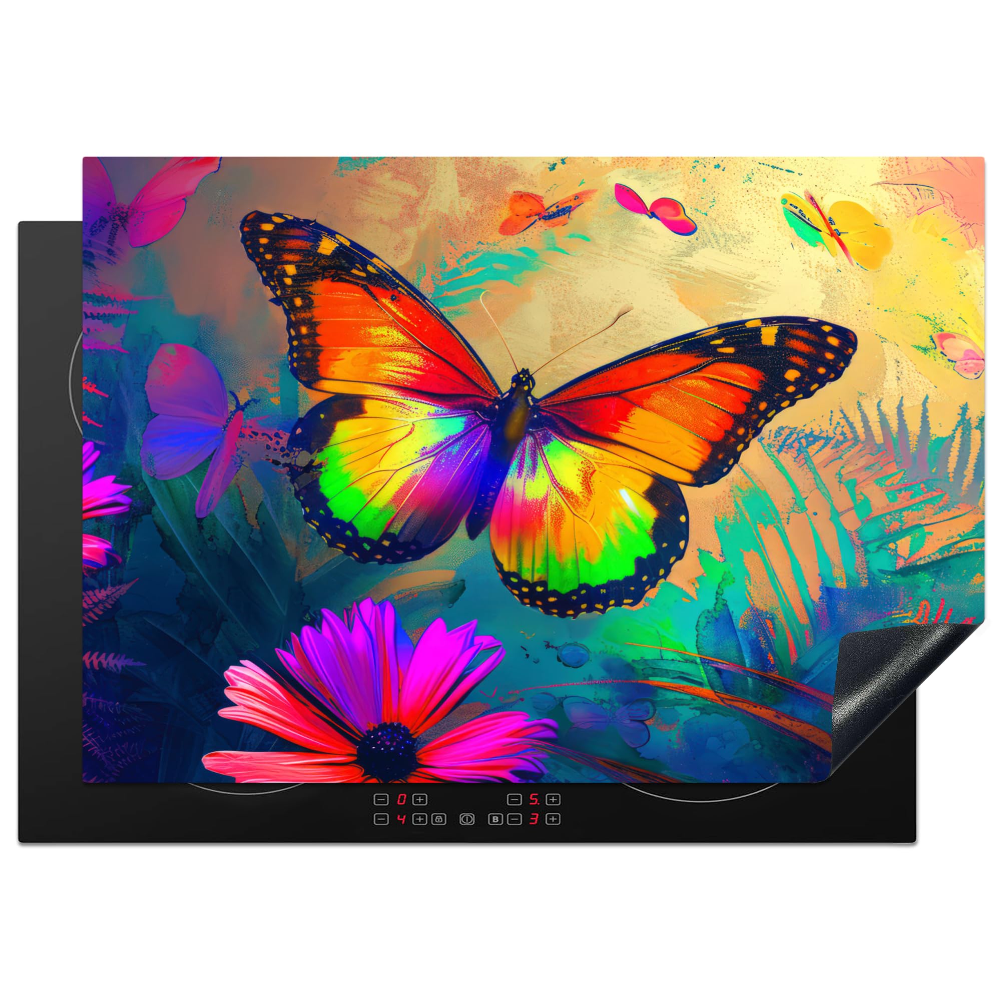 KitchenYeah© Induction Hob Protector Mat 20.5"x29.5" / 75x52 cm Stove Cap Top Cover Kitchen Cooker Covers for Electric Hobs Vinyl Butterfly - Plants - Colourful - Pink - Flowers