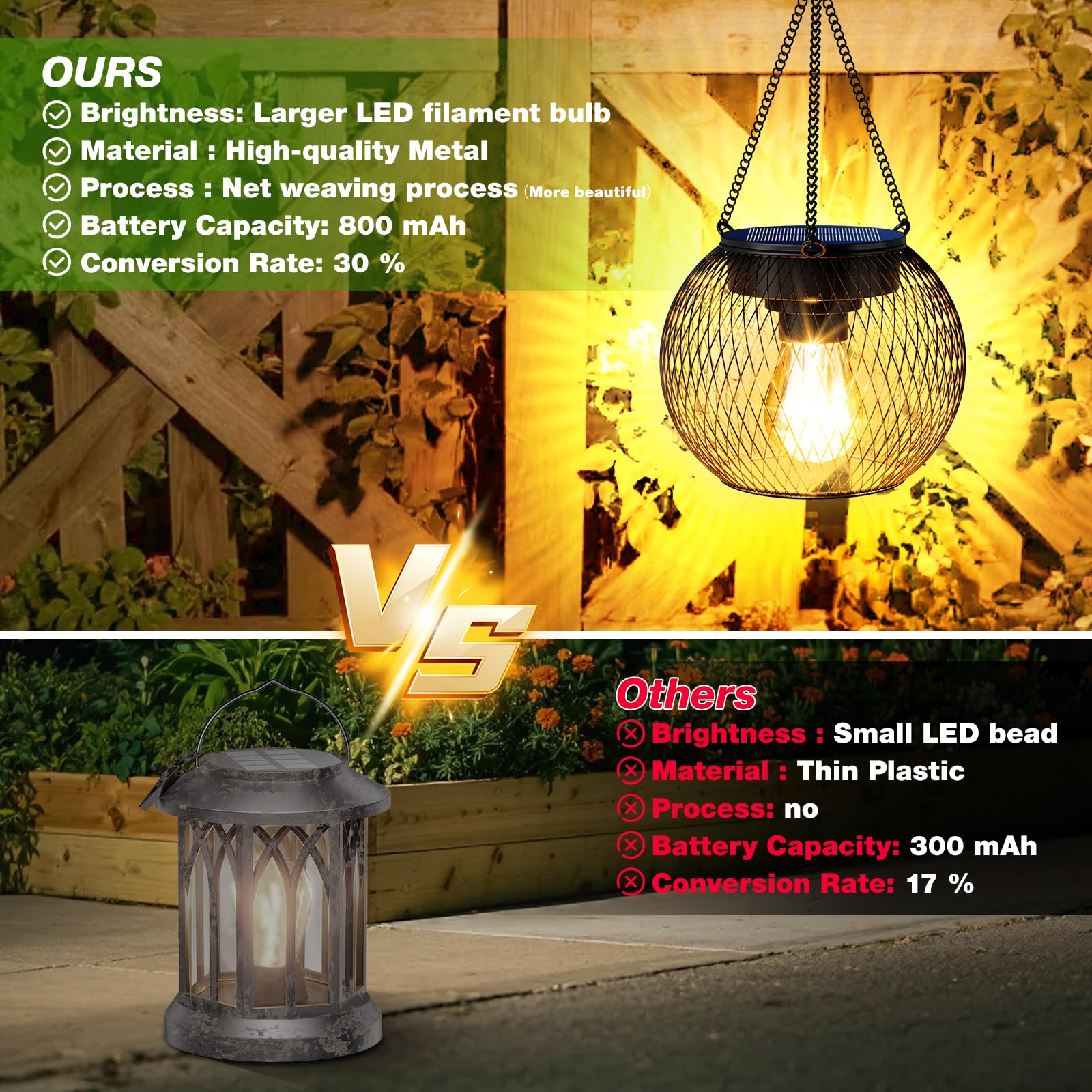 Farol solar para exteriores, luces colgantes mejoradas para jardín, faroles de metal, iluminación decorativa, impermeable, árbol para patio, camino, paquete de 2