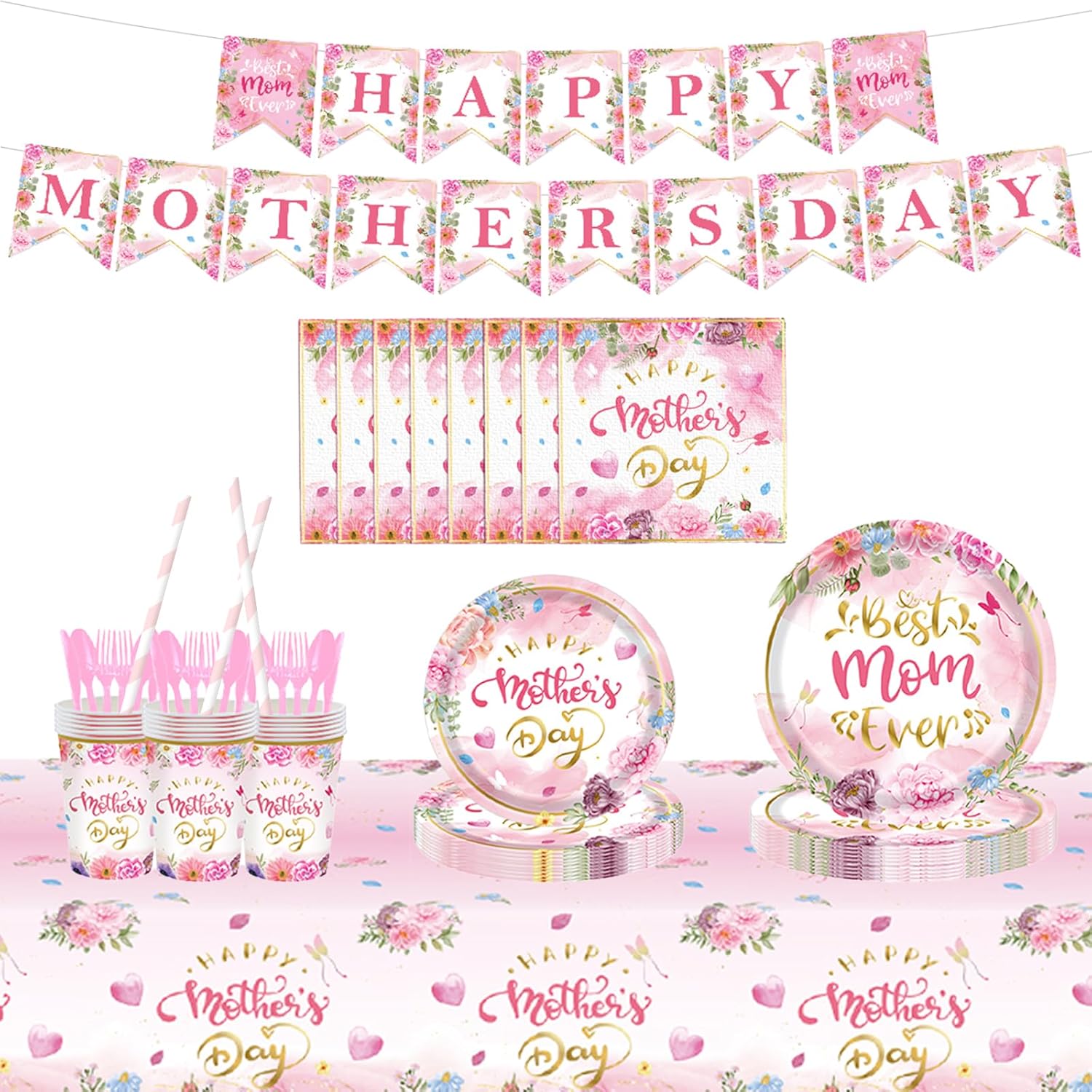 162PCS Mothers Day Party Supplies - Best Mom Ever/ Happy Mothers Day Letter Print Mothers Day Tablewear Mothers Day Tablecloth with Heart Floral Design Mothers Day Banner for Mothers Day Decorations
