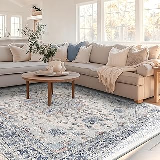 BESTSWEETIE 8x10 Area Rug Washable Rugs for Living Room, No Pile Boho Carpet for Entryway Bedroom Dinning Room, Vintage Carpet Print Distressed Non-Slip, 8 x 10 ft, Beige Blue - Buy now
